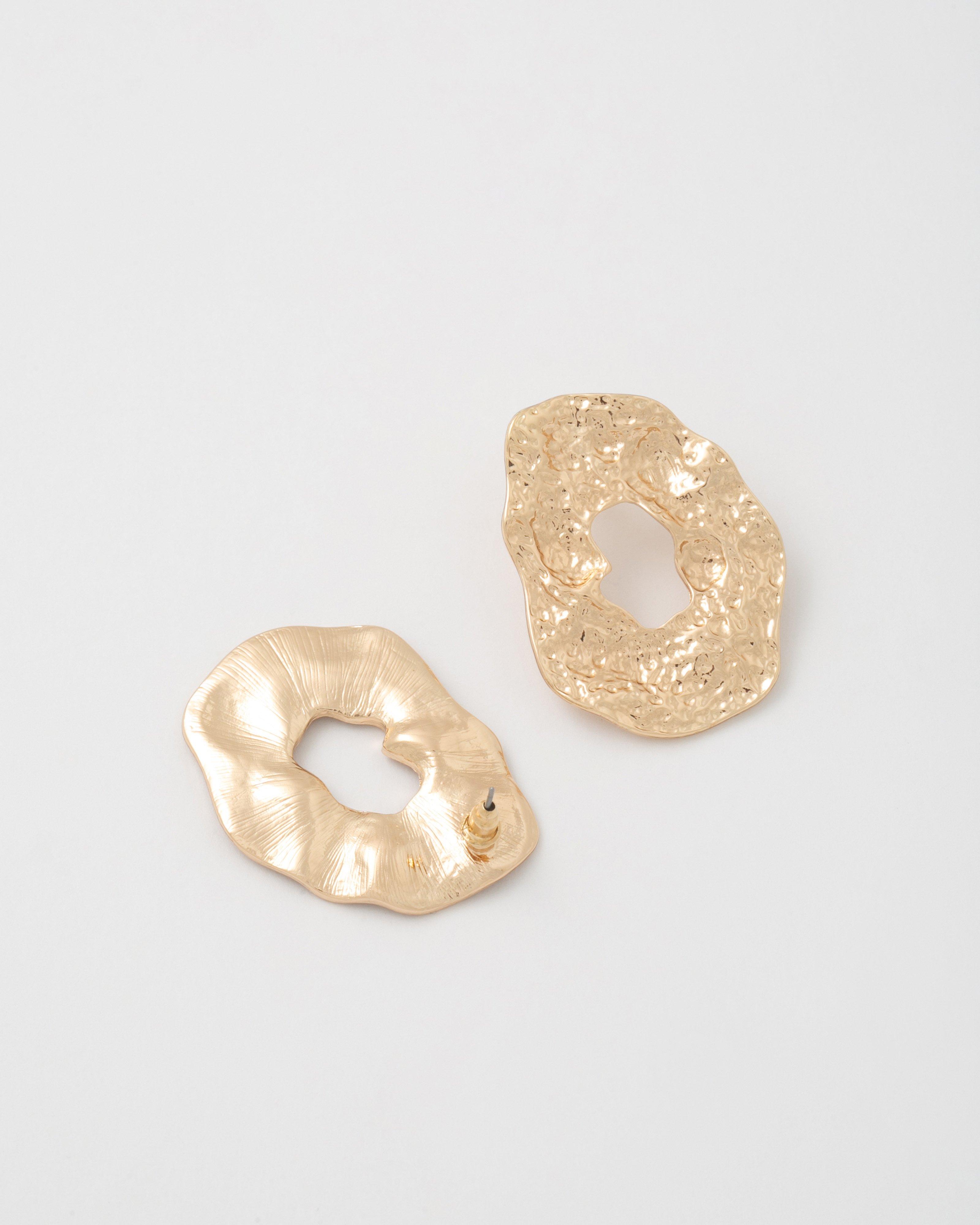 Organic Shiny Indented Textured Stud Earrings -  Gold