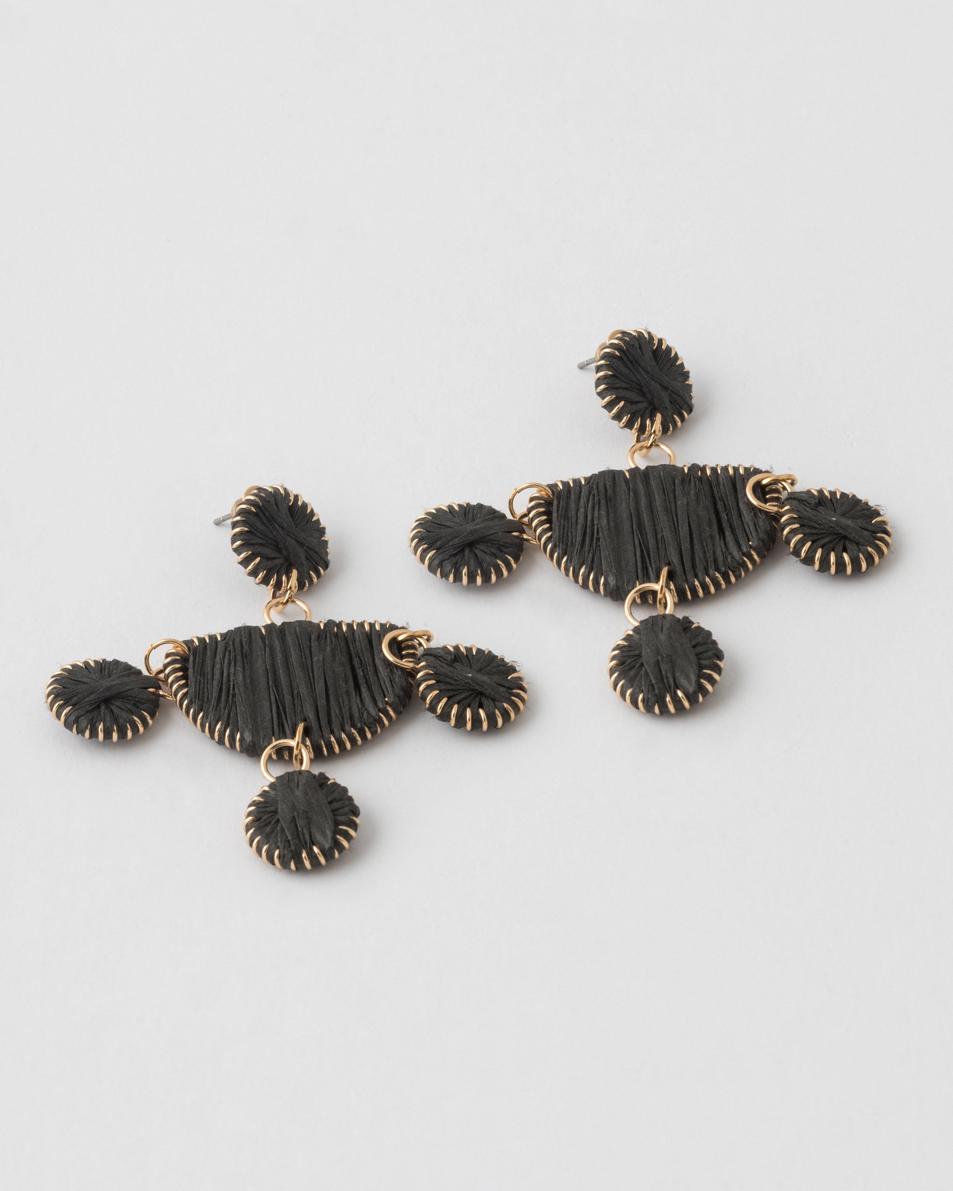 Halfmoon & Circular Raffia Statement Drop Earrings -  Black