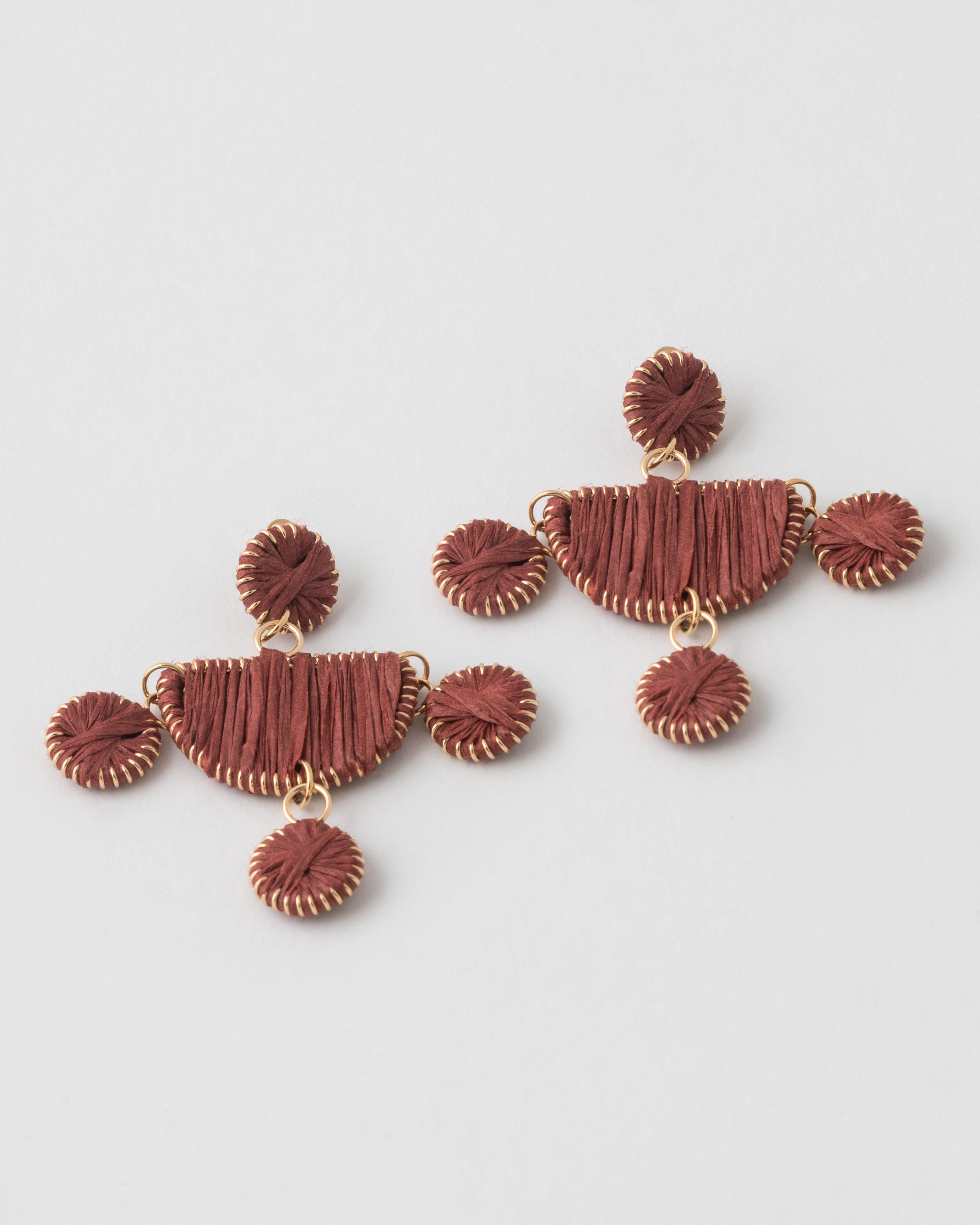 Halfmoon & Circular Raffia Statement Drop Earrings -  Brown