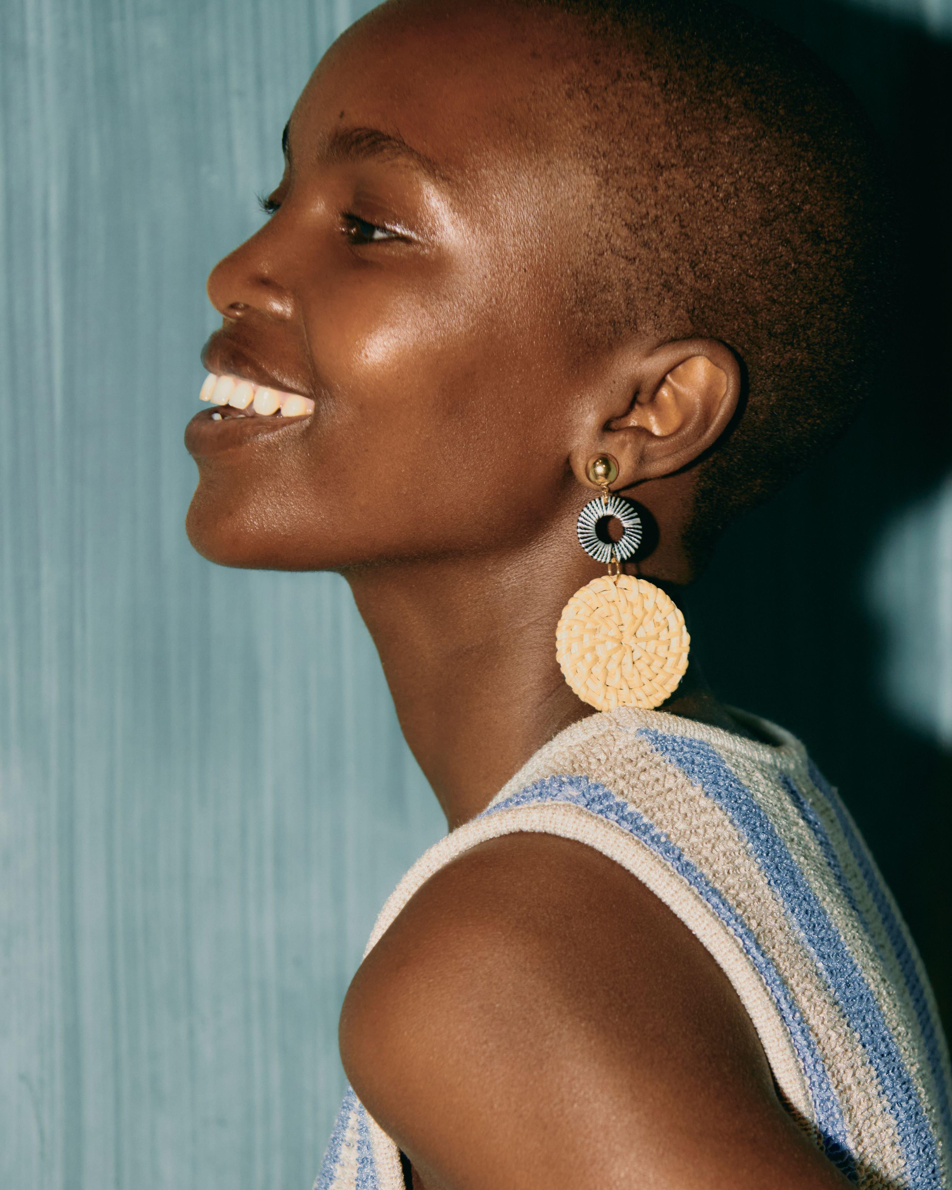 Raffia Circular Three Tier Braided Statement Earrings -  Oatmeal