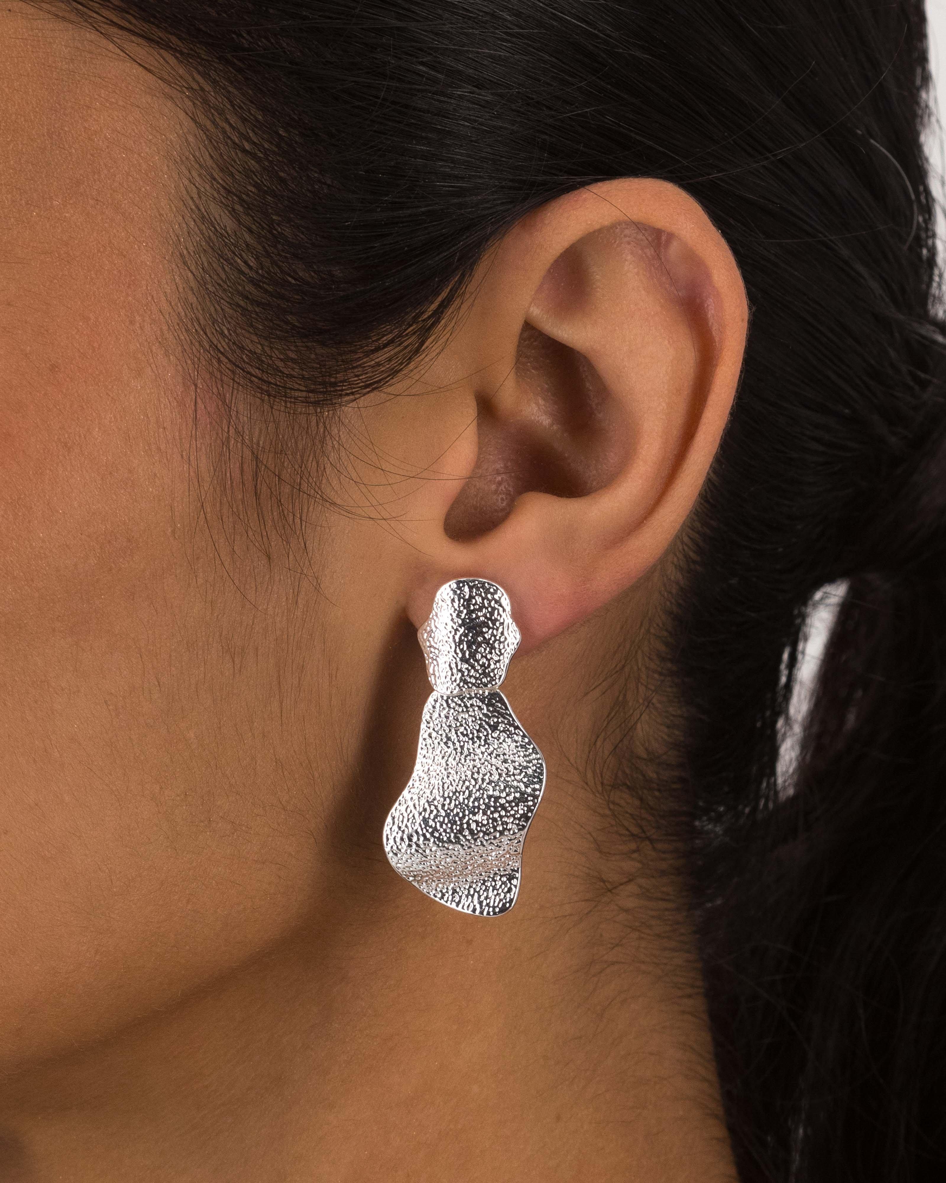 Metal Double Drop Textured Earrings  -  Silver