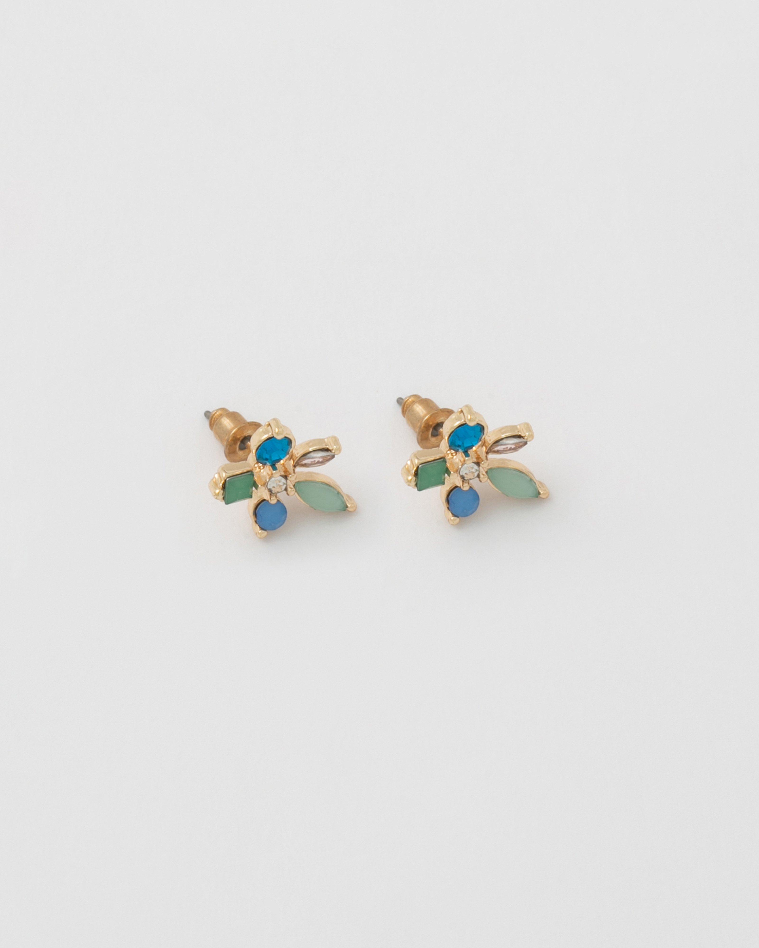 Flower Multi Stone Stud Earrings -  Blue