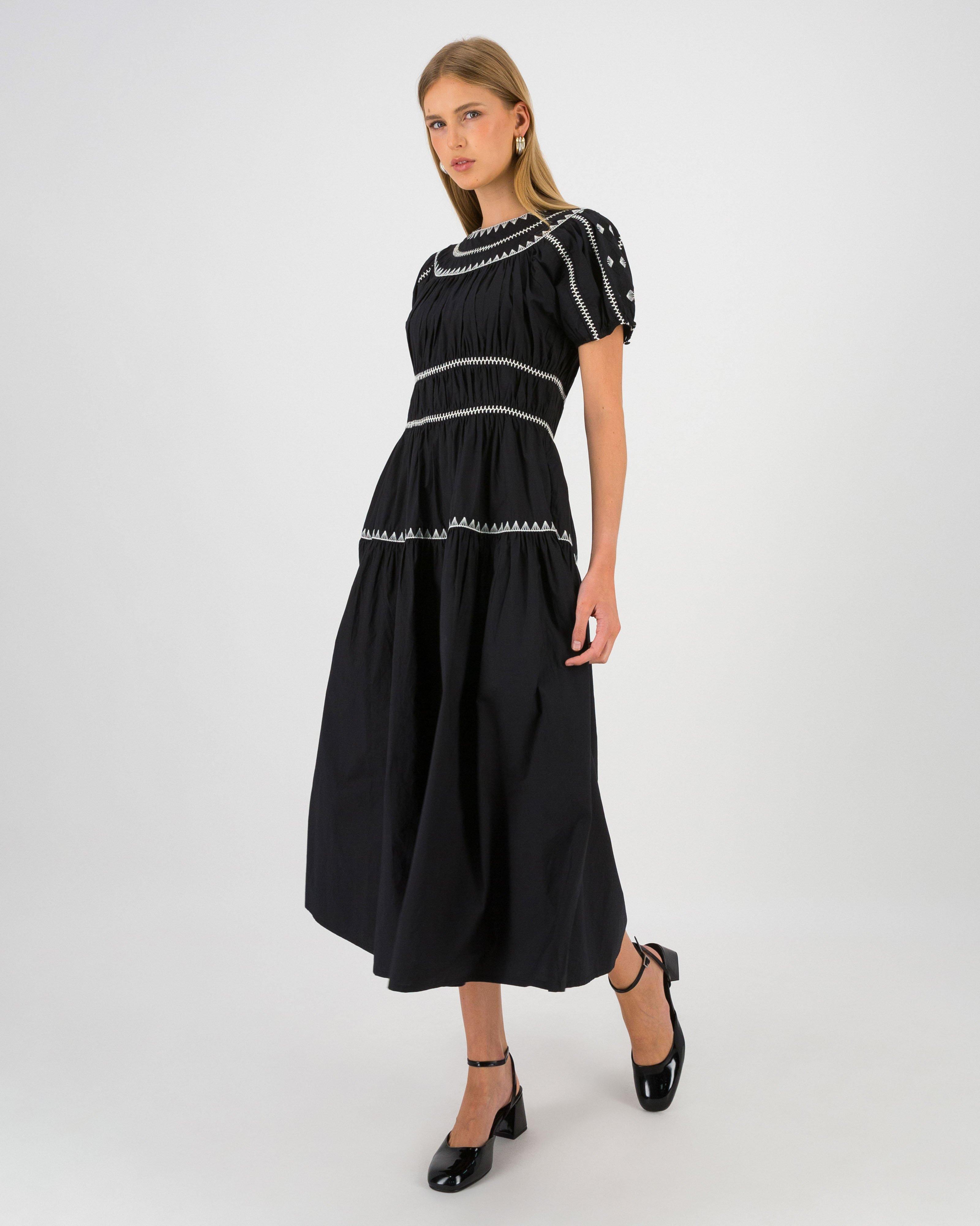 Daisy Gathered Trimmed Tea Dress -  Black