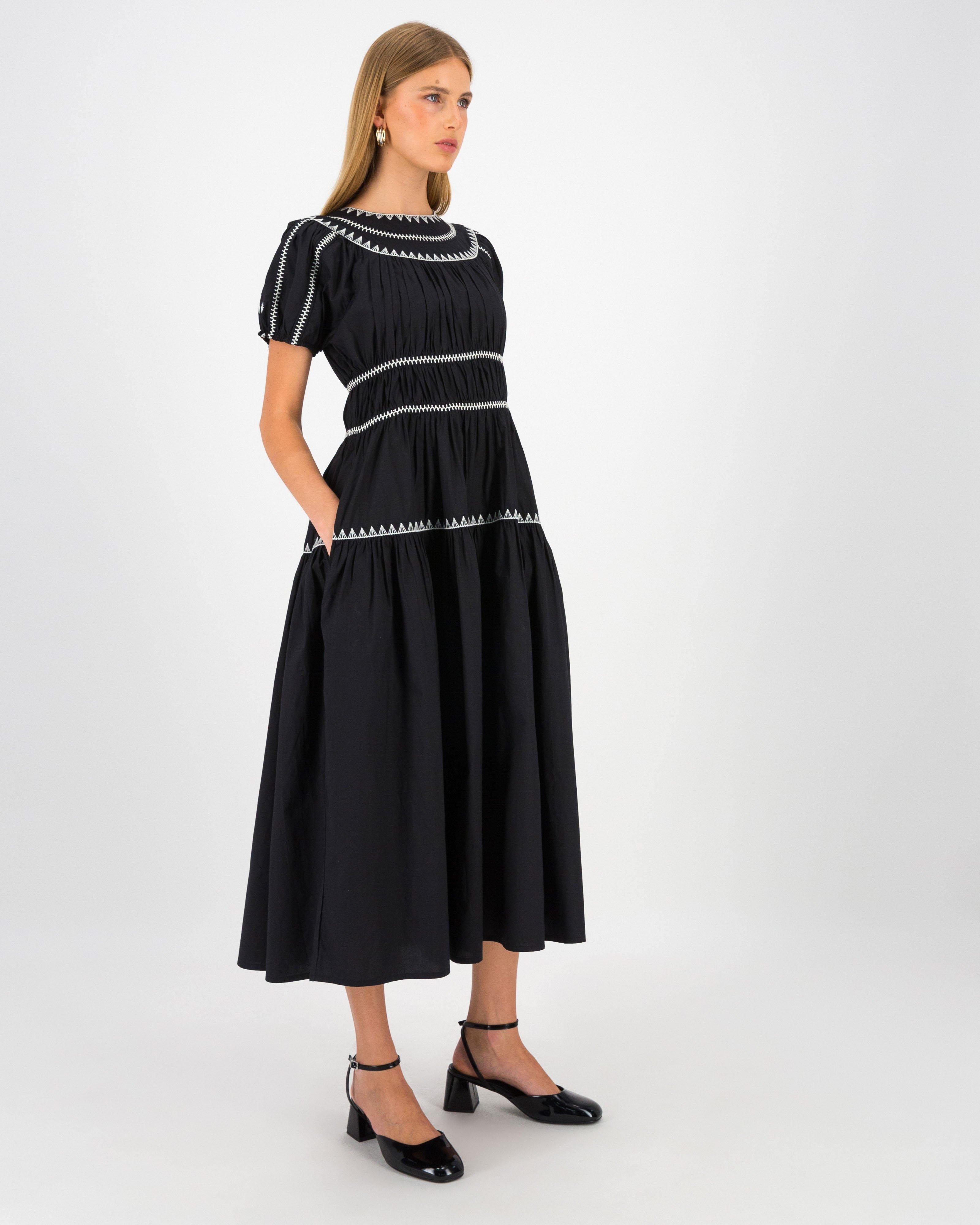 Daisy Gathered Trimmed Tea Dress -  Black