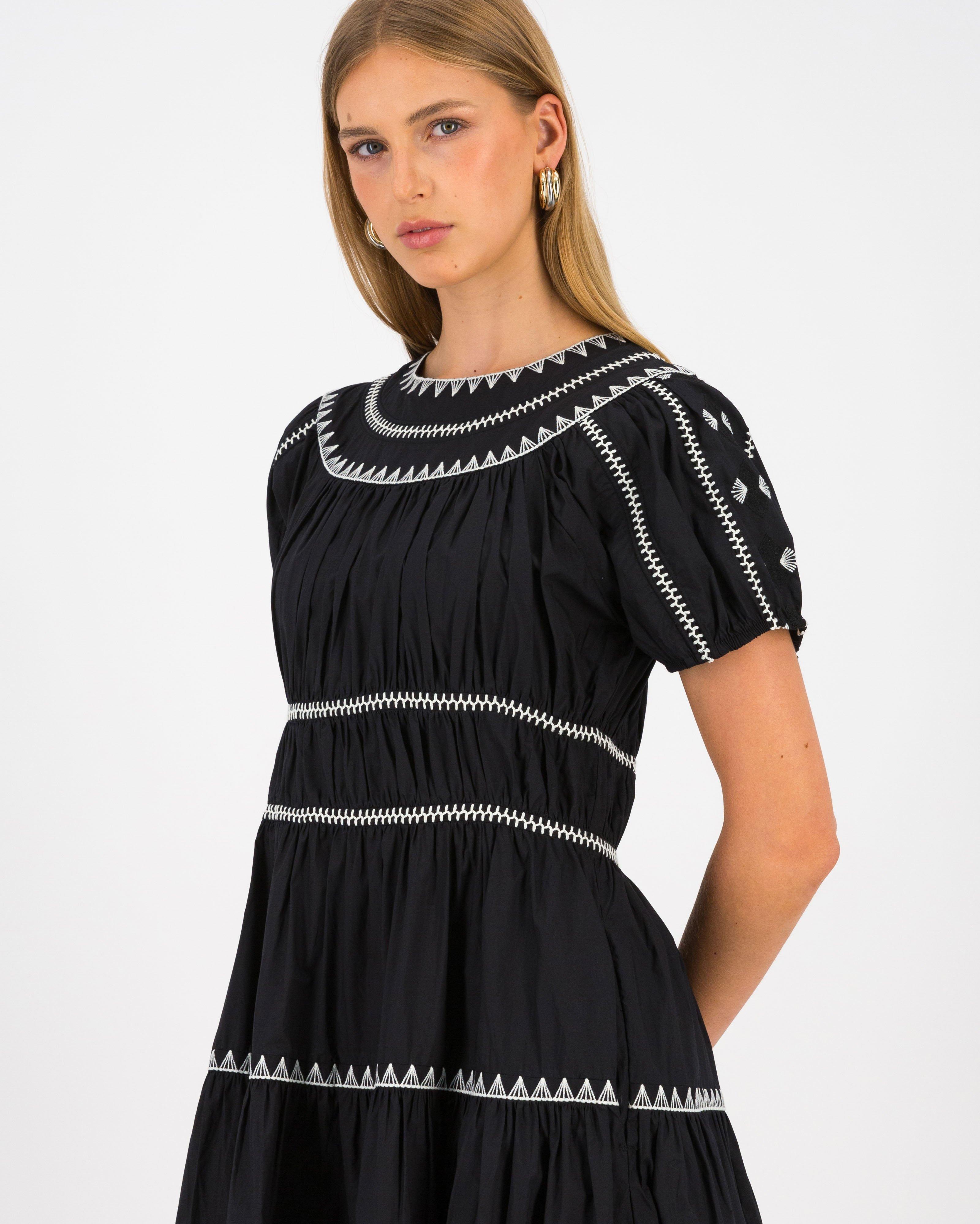 Daisy Gathered Trimmed Tea Dress -  Black