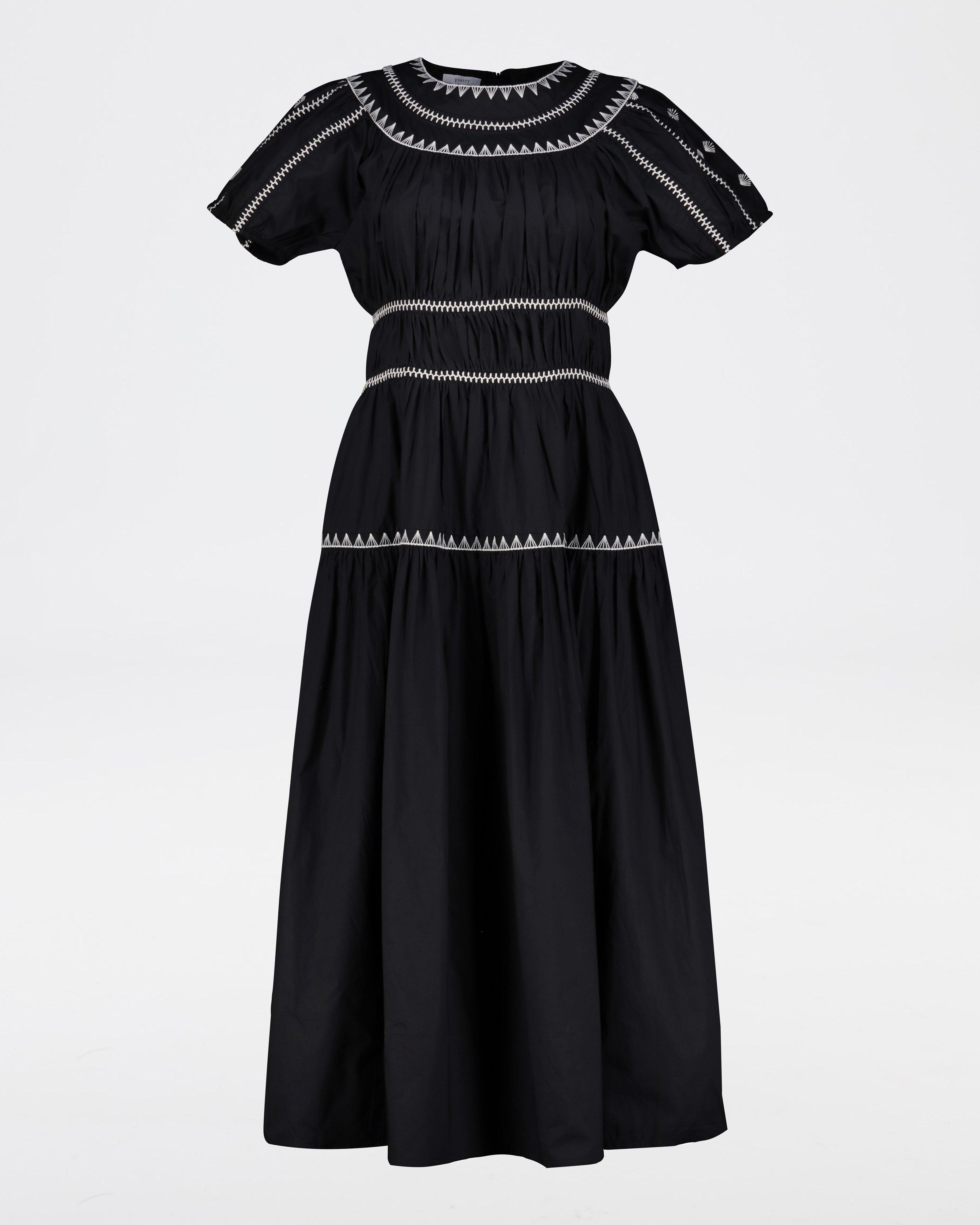 Daisy Gathered Trimmed Tea Dress -  Black