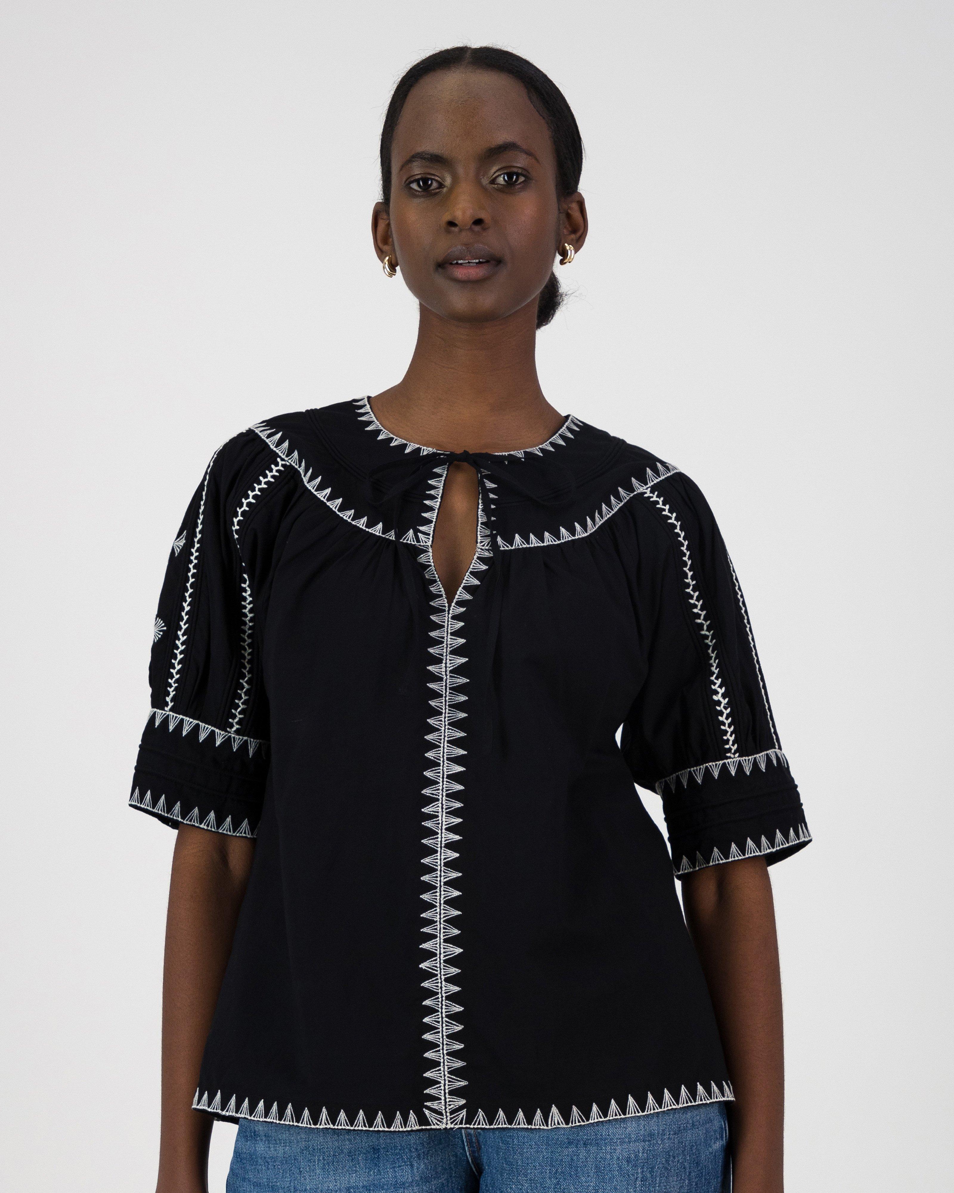 Megan Embroidered Top -  Black