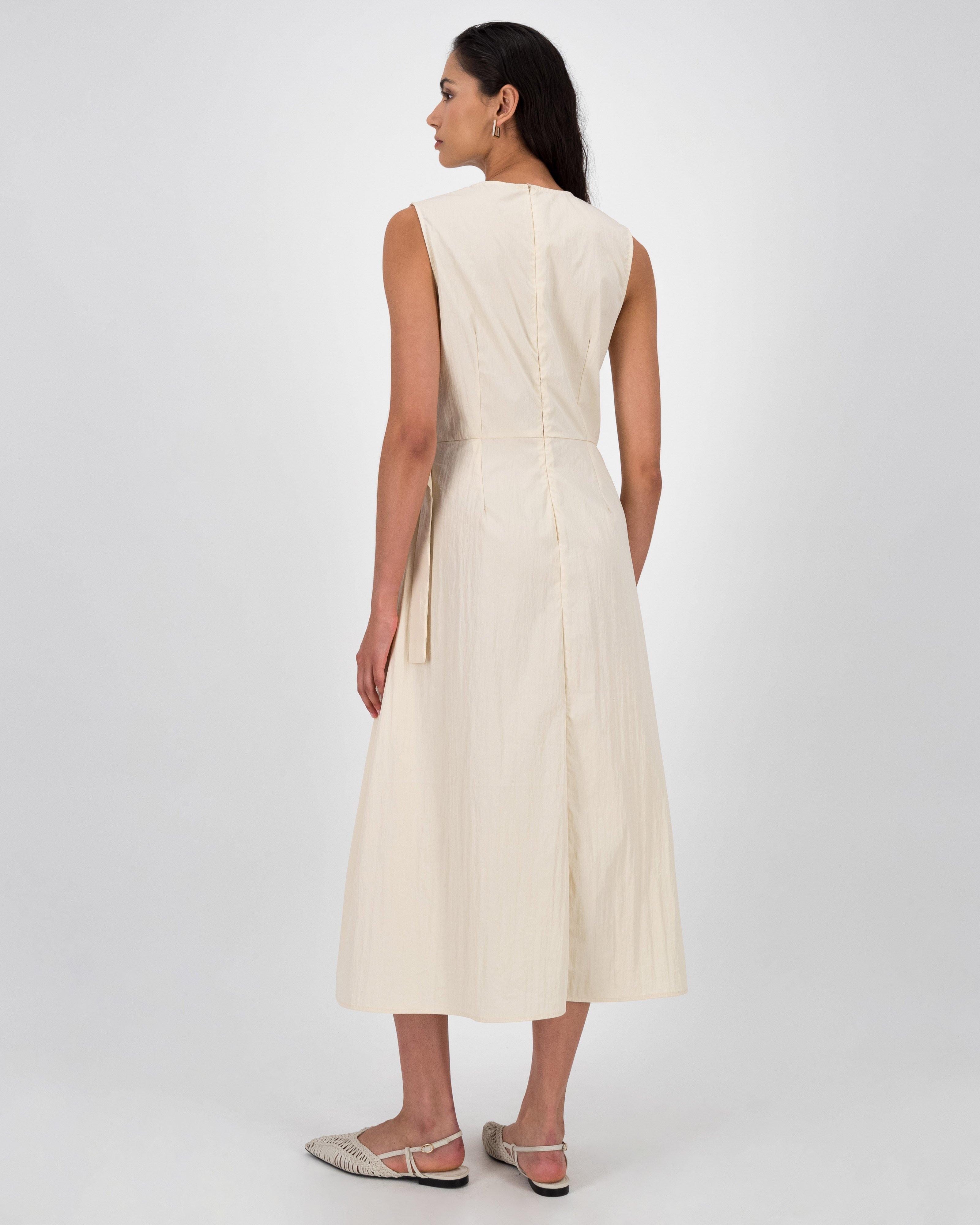 Fay Pleat & Tie Detail Midi Dress -  Stone