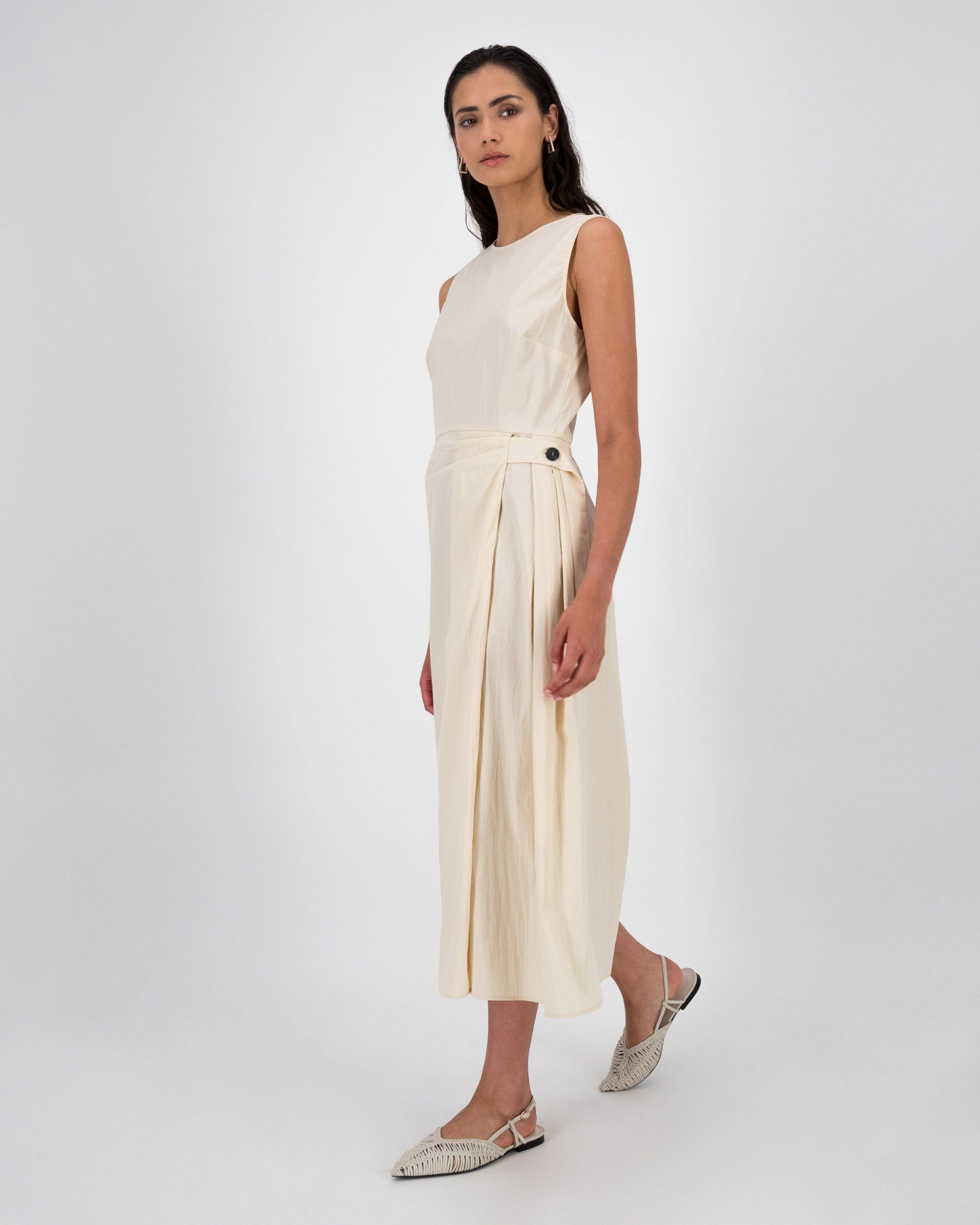 Fay Pleat & Tie Detail Midi Dress -  Stone