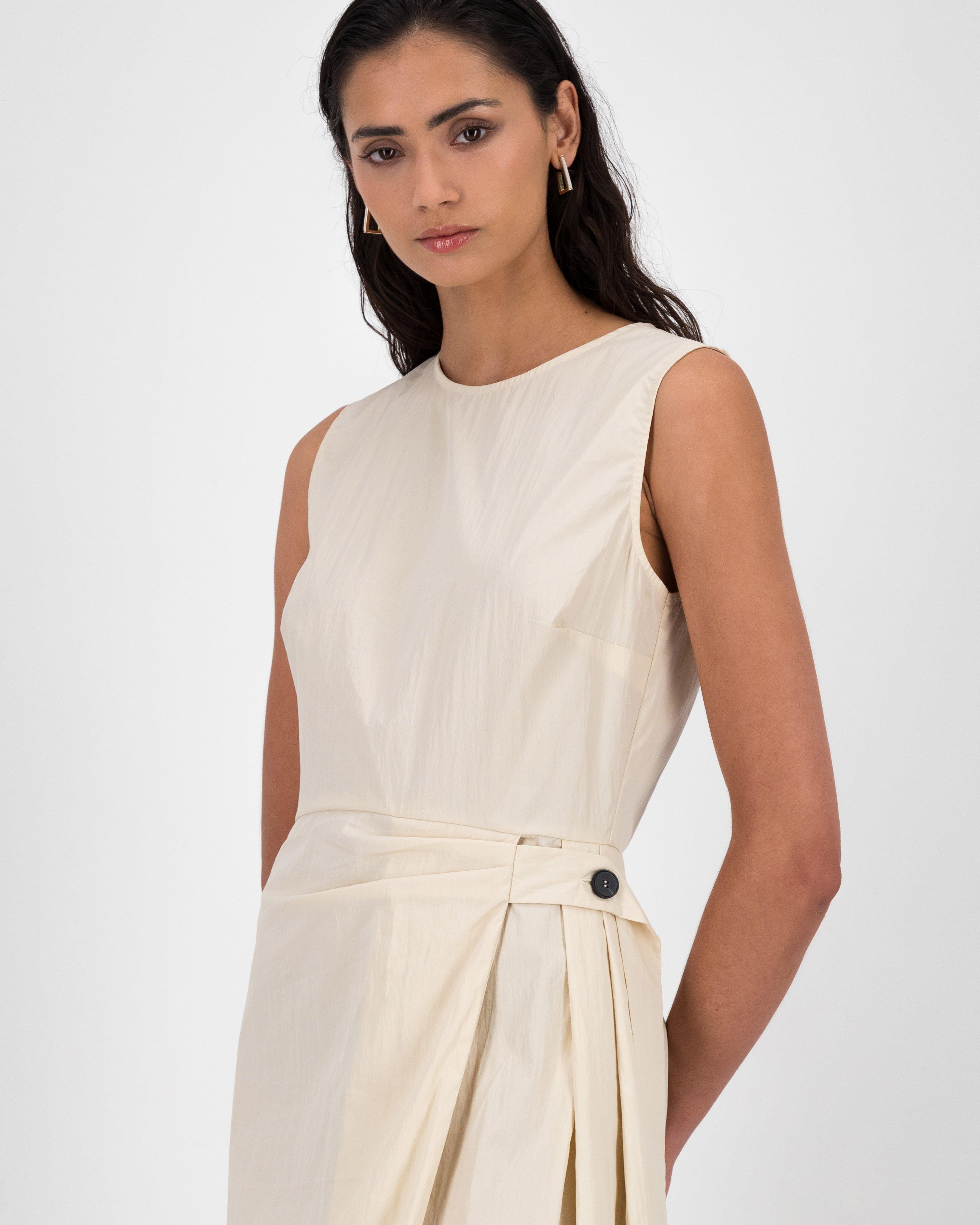 Fay Pleat & Tie Detail Midi Dress -  Stone