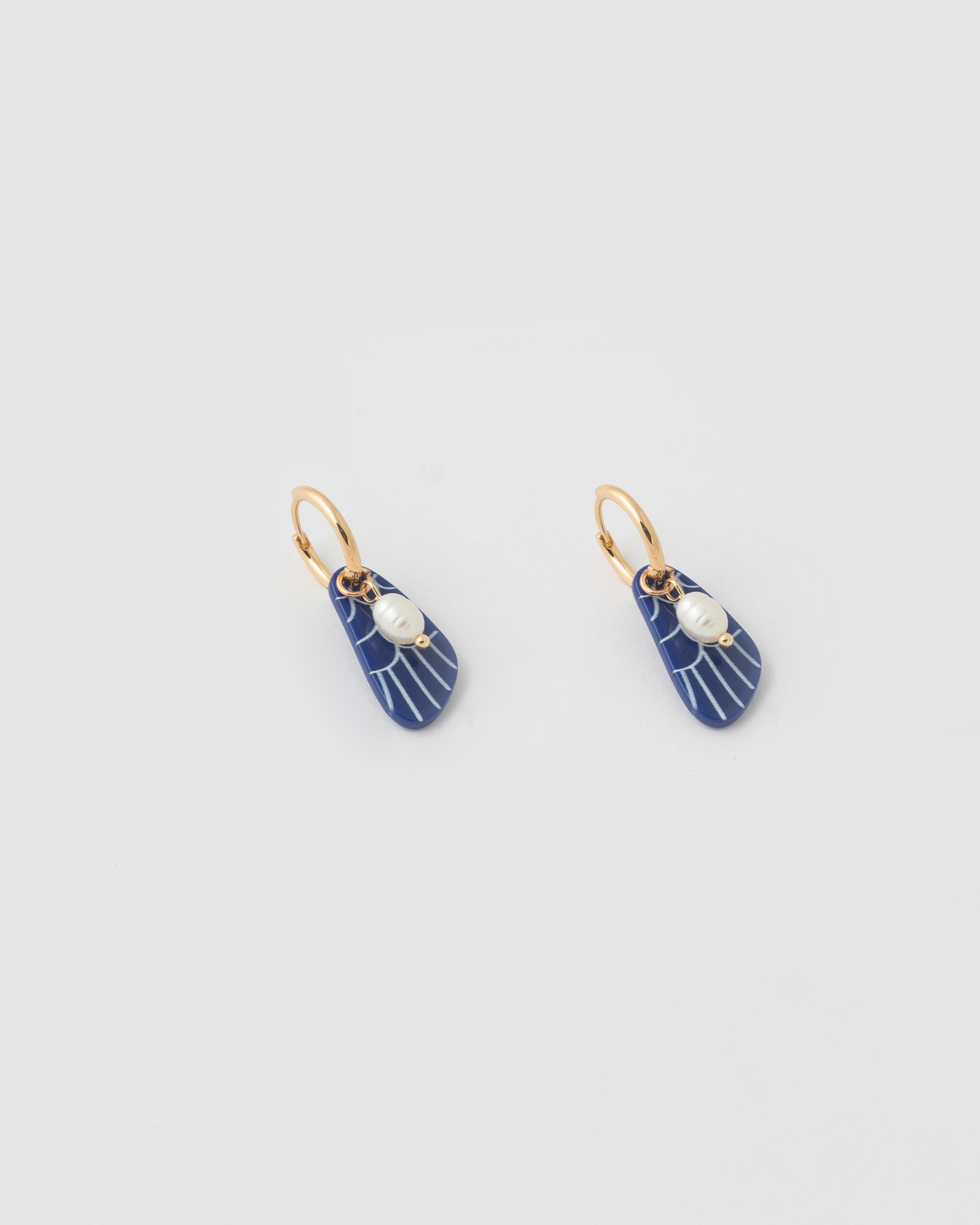 Freshwater Pearl and Resin Stone Organic Drop Earrings -  Blue