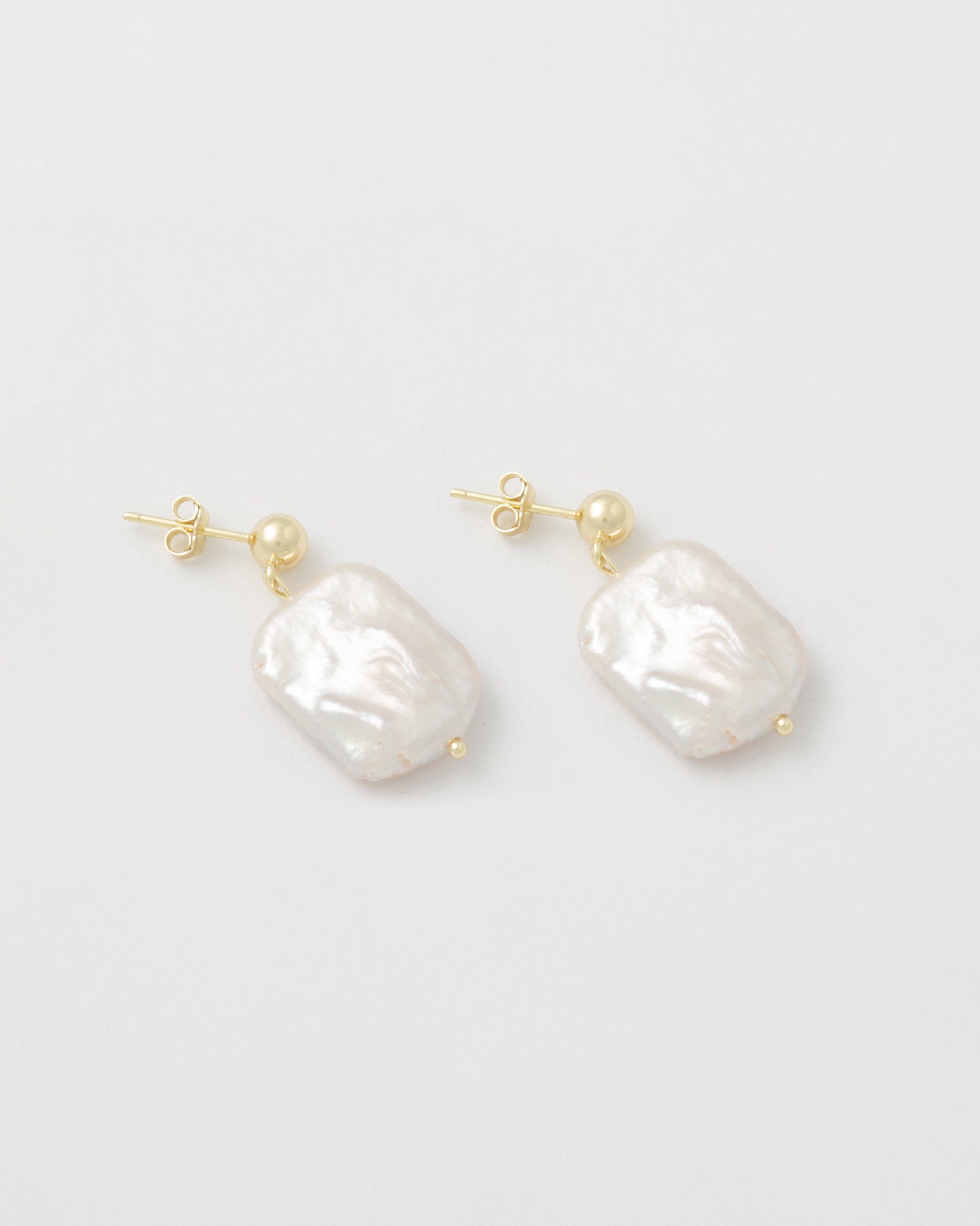Sterling Silver Square Freshwater Pearl with Ball Drop Earrings -  Milk