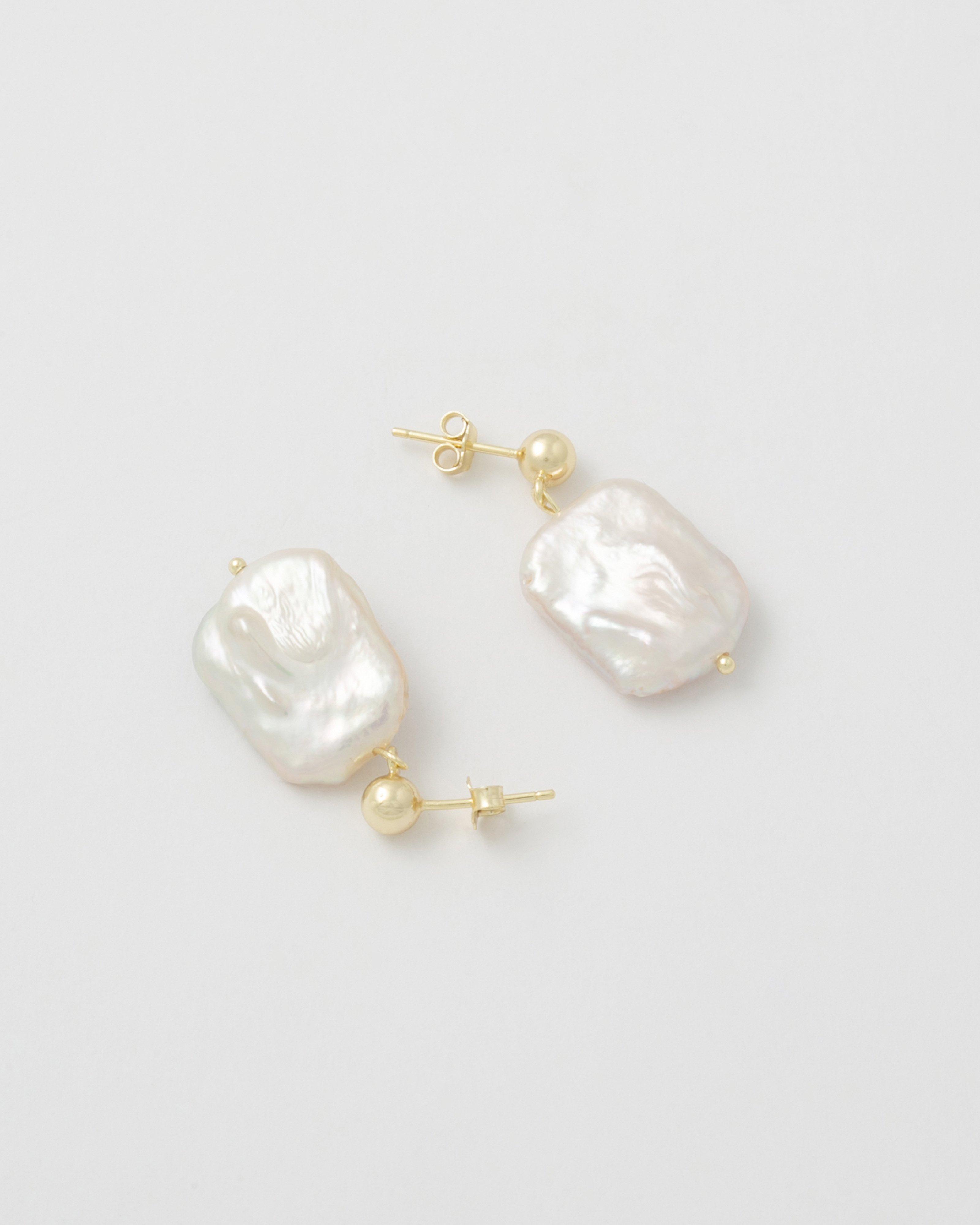 Sterling Silver Square Freshwater Pearl with Ball Drop Earrings -  Milk