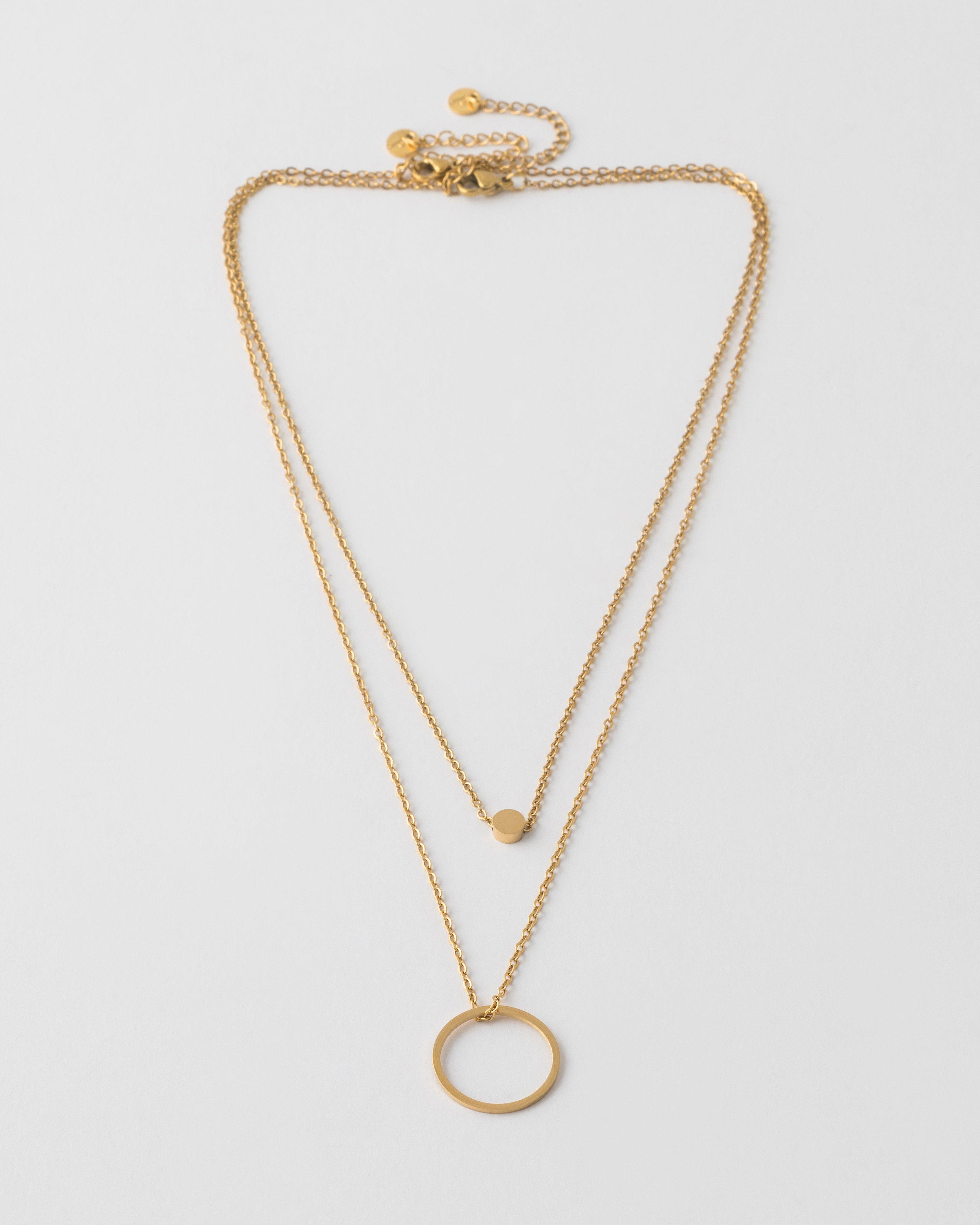 Stainless Steel Ring & Disk Pendant Necklace Pack -  Gold