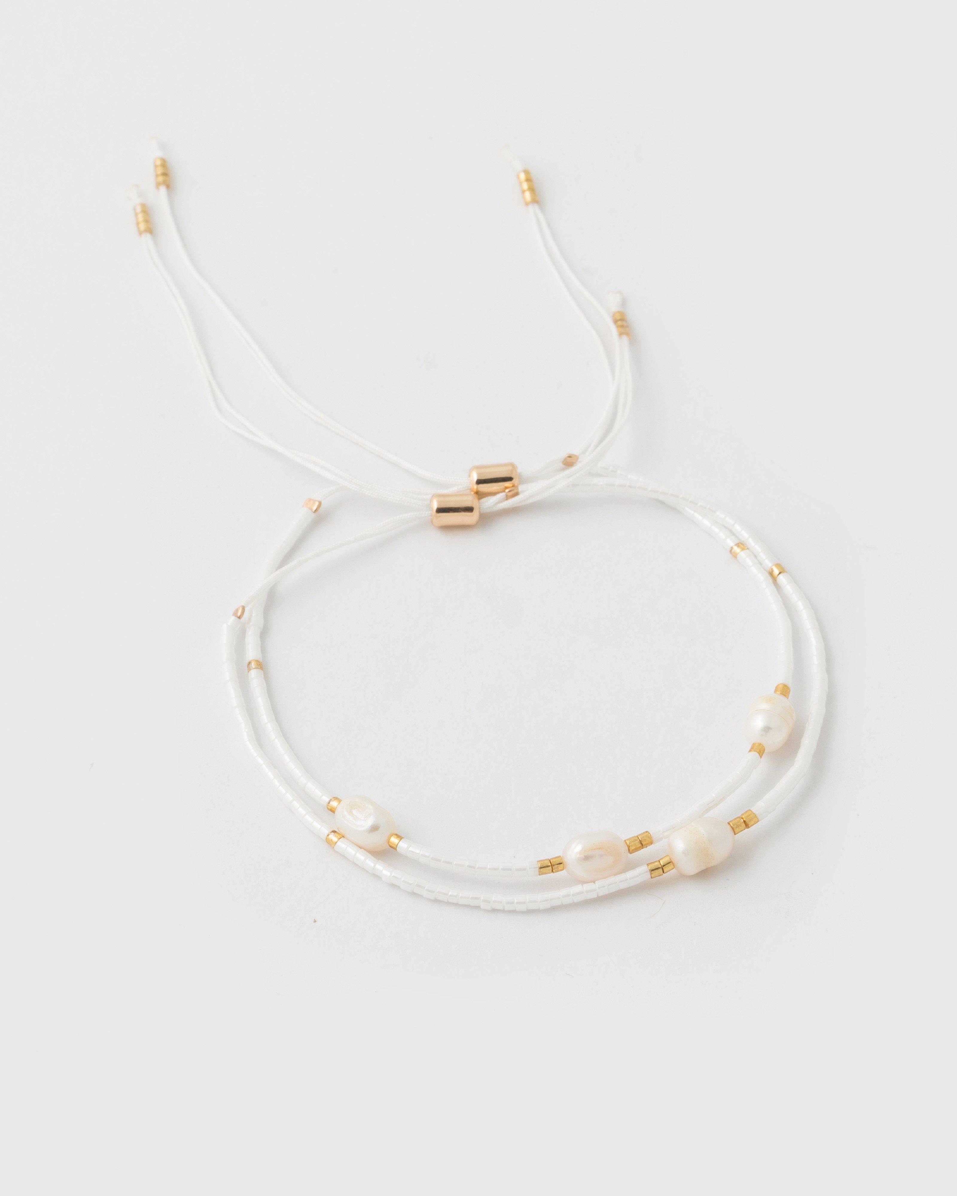 Adjustable Beaded and Freshwater Pearl Bracelet Set -  Milk