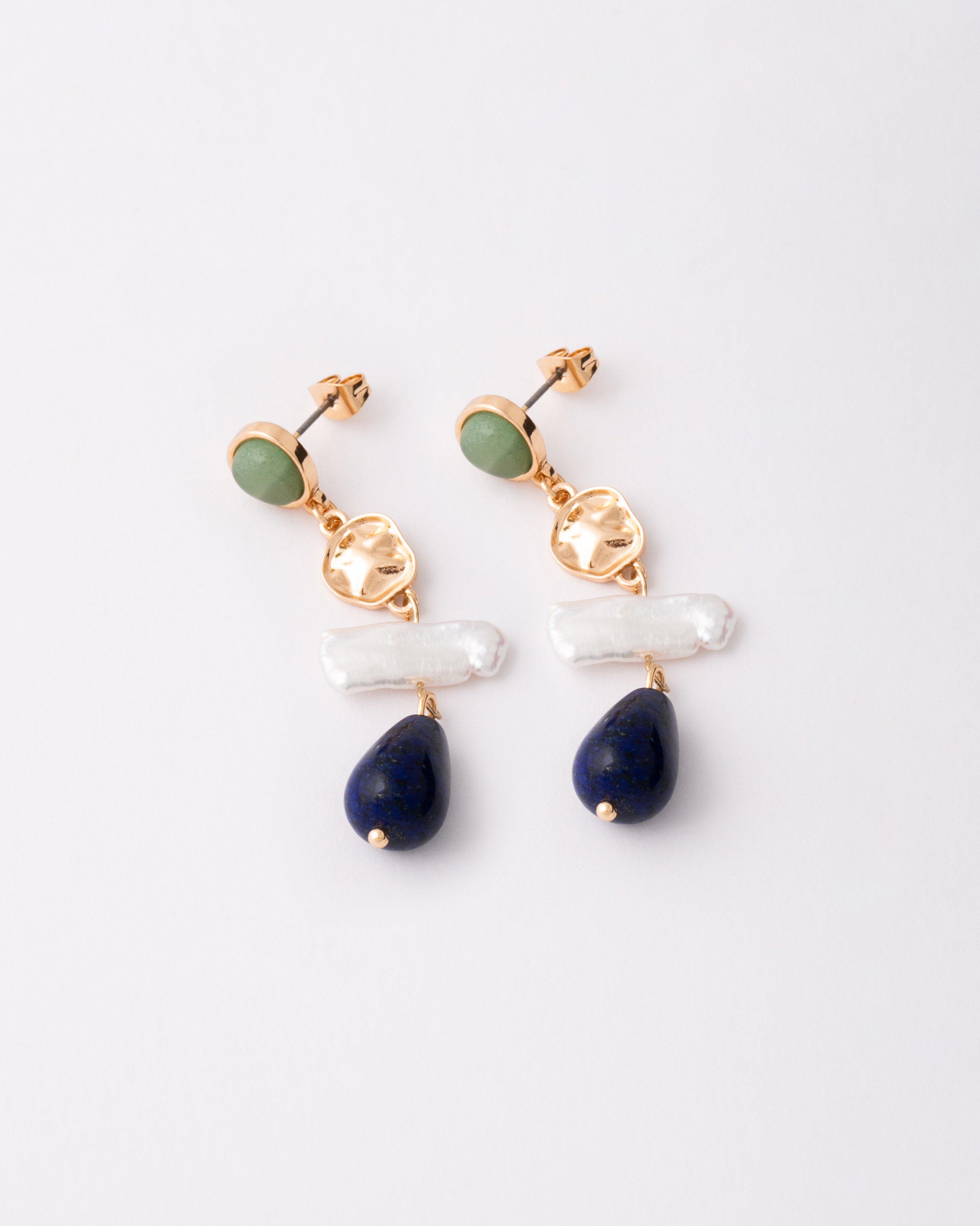 Natural Stone & Freshwater Pearl with Indented Disk Drop Earrings -  Blue