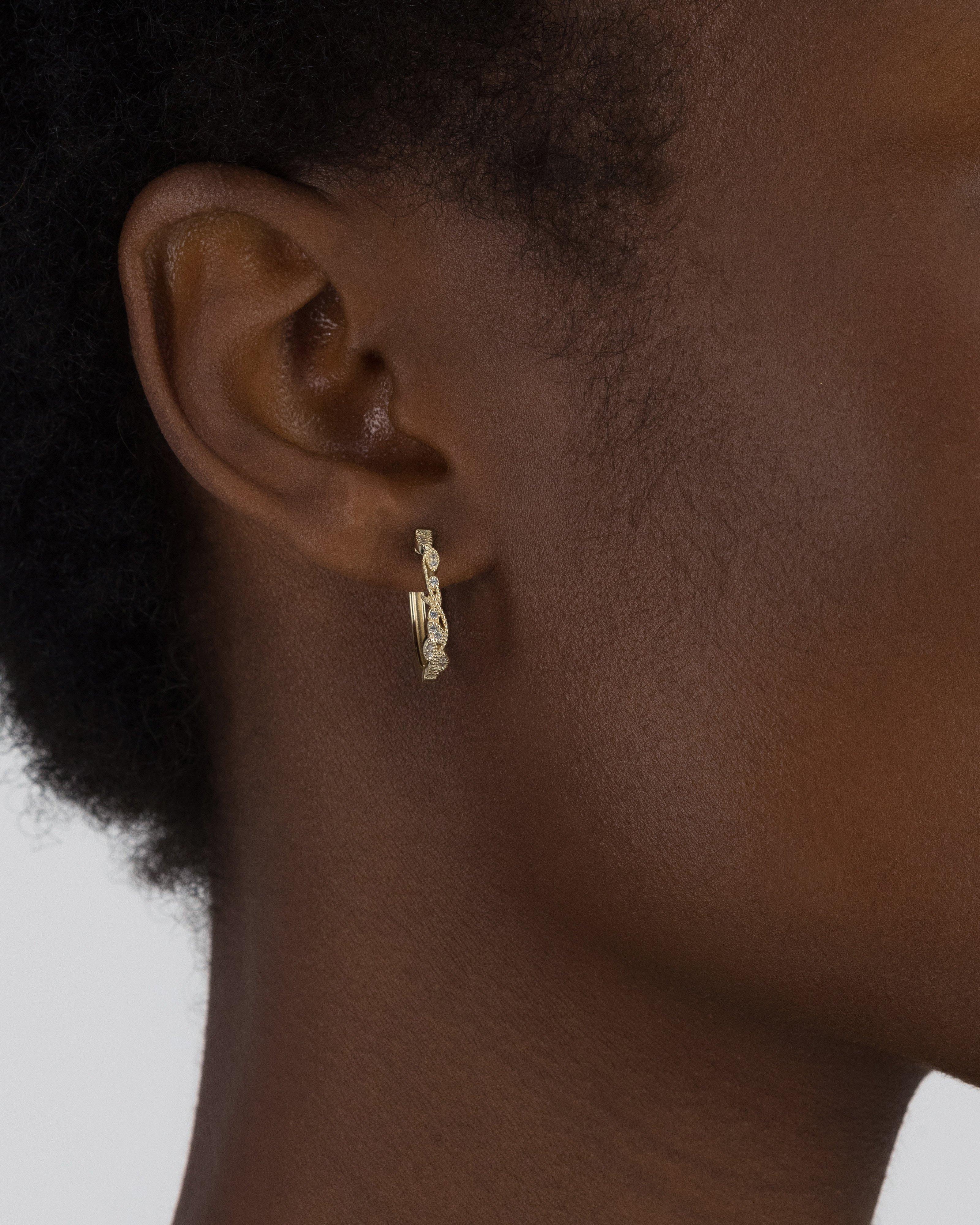 Sterling Silver Cubic Zirconia Stone Leaf Huggie Earrings -  Gold