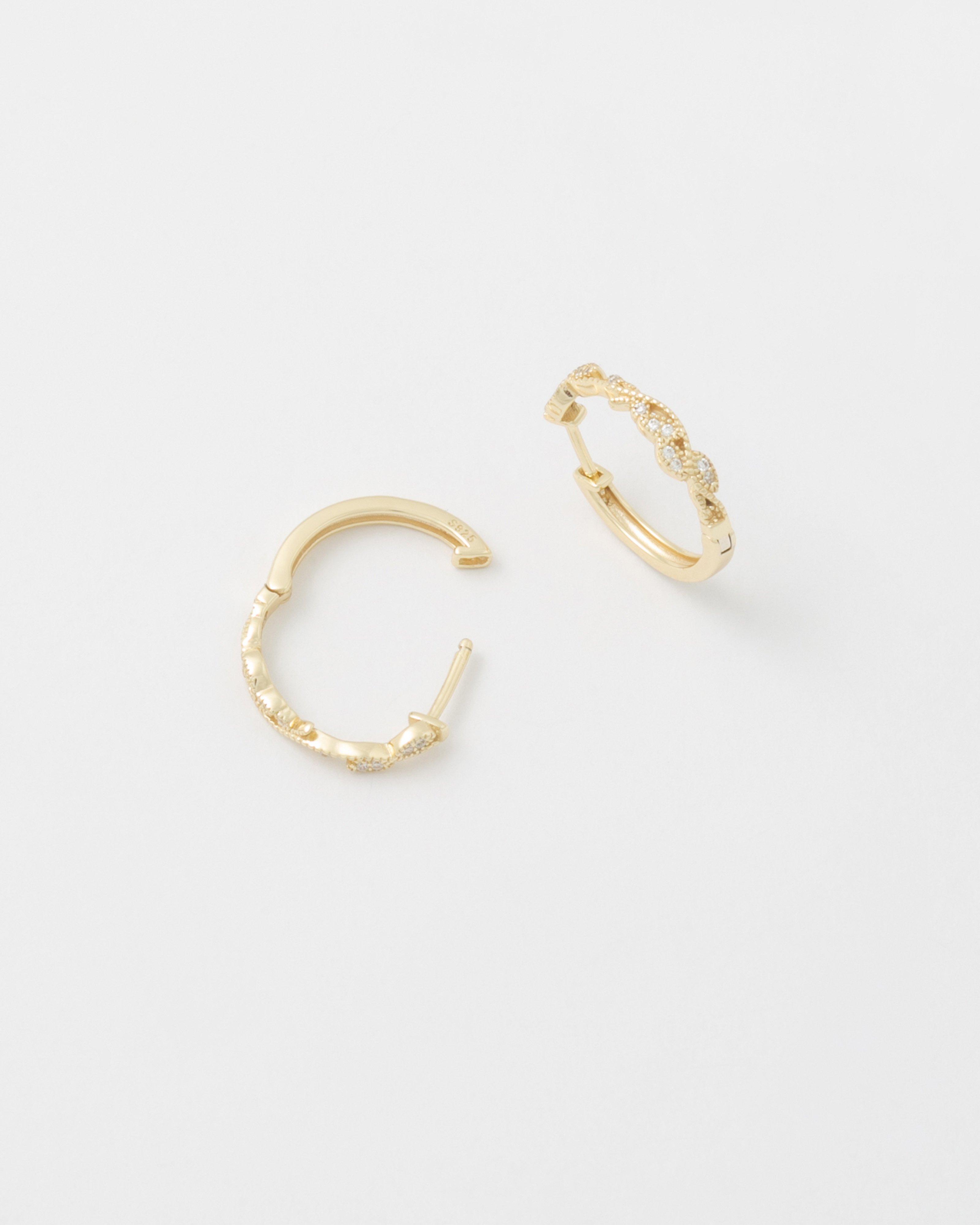 Sterling Silver Cubic Zirconia Stone Leaf Huggie Earrings -  Gold