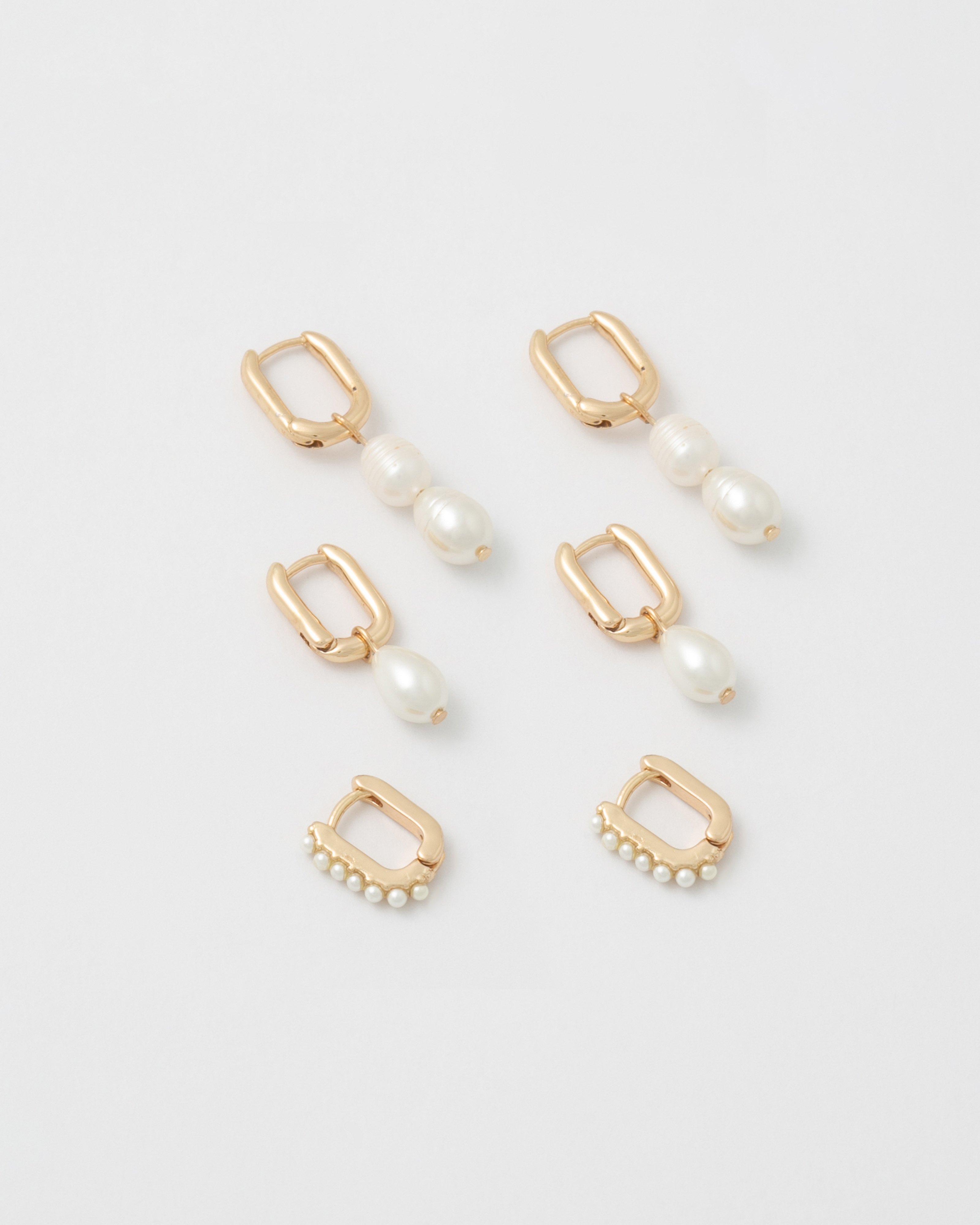 Freshwater Pearl Square Hoop Earrings Set  -  Milk