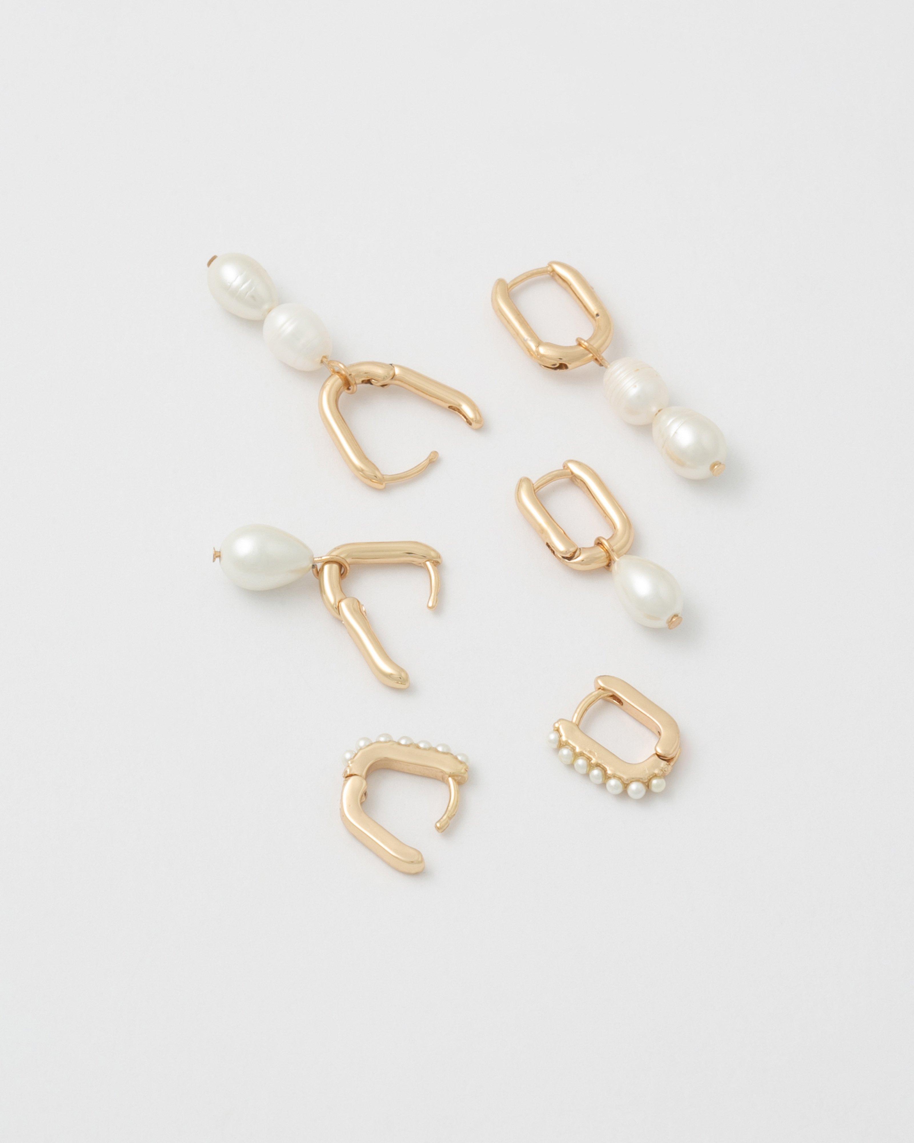 Freshwater Pearl Square Hoop Earrings Set  -  Milk