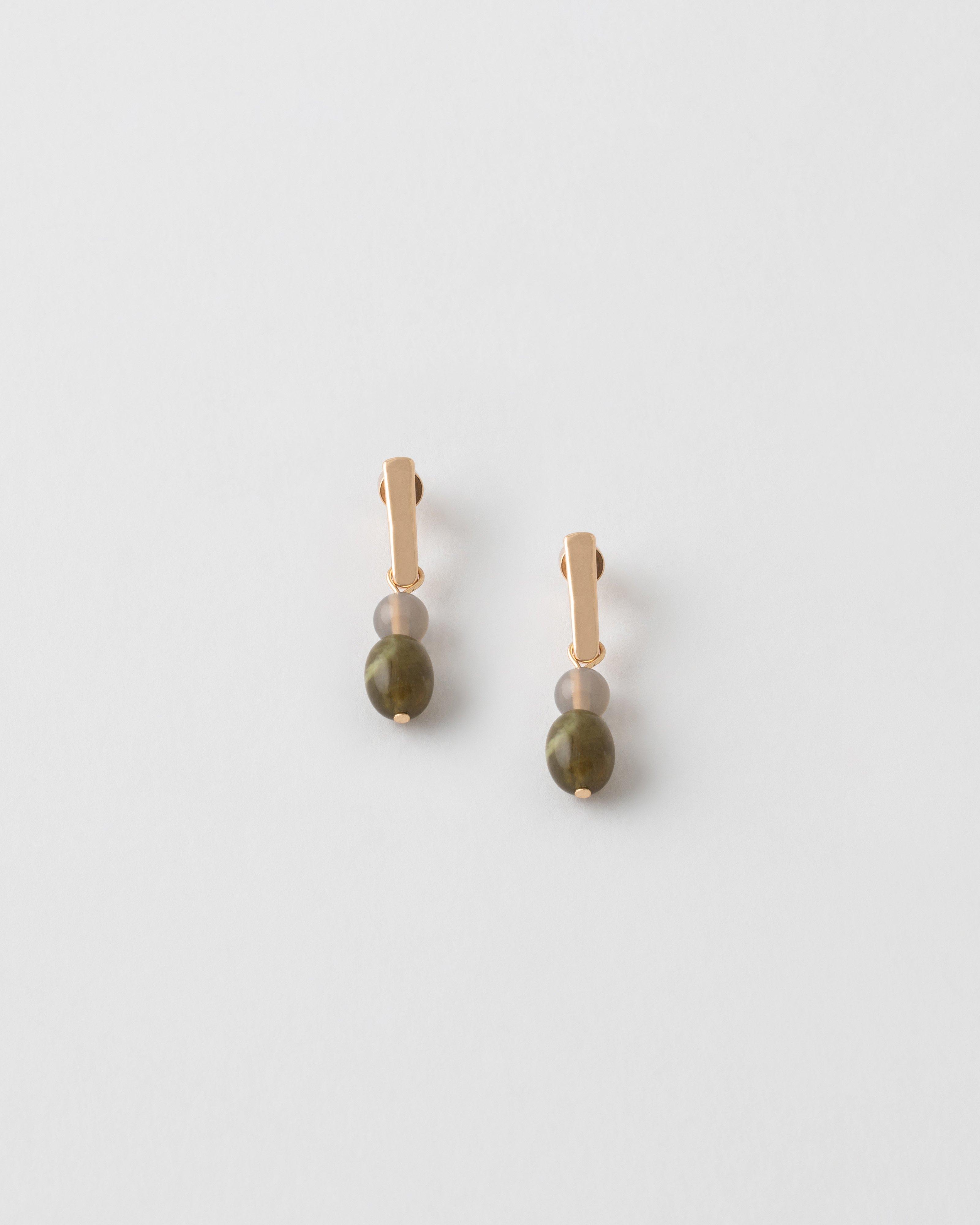 Oval & Circular Natural Stone & Bar Earrings -  Olive
