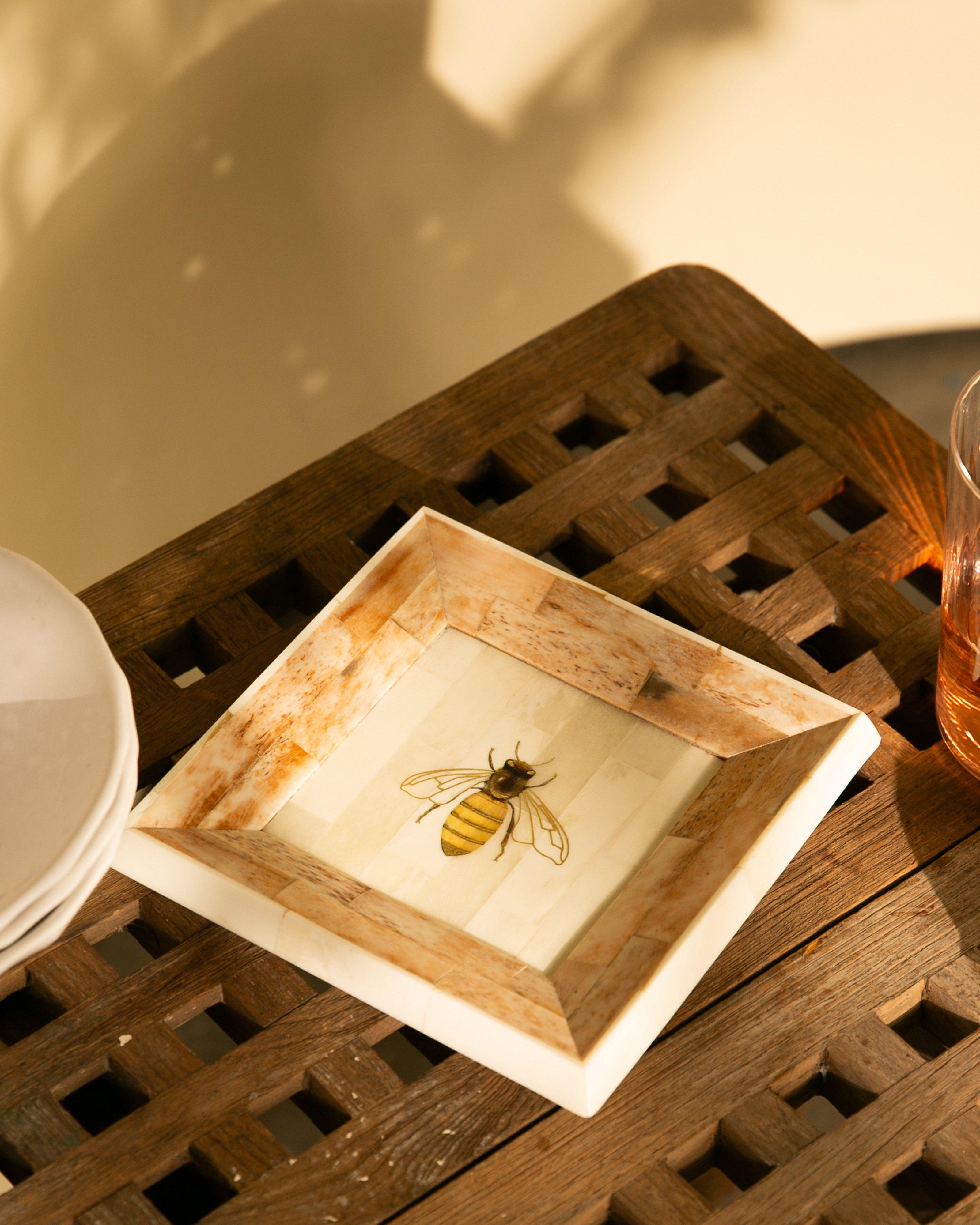 Hand-Painted Bone Bee Tray -  Brown