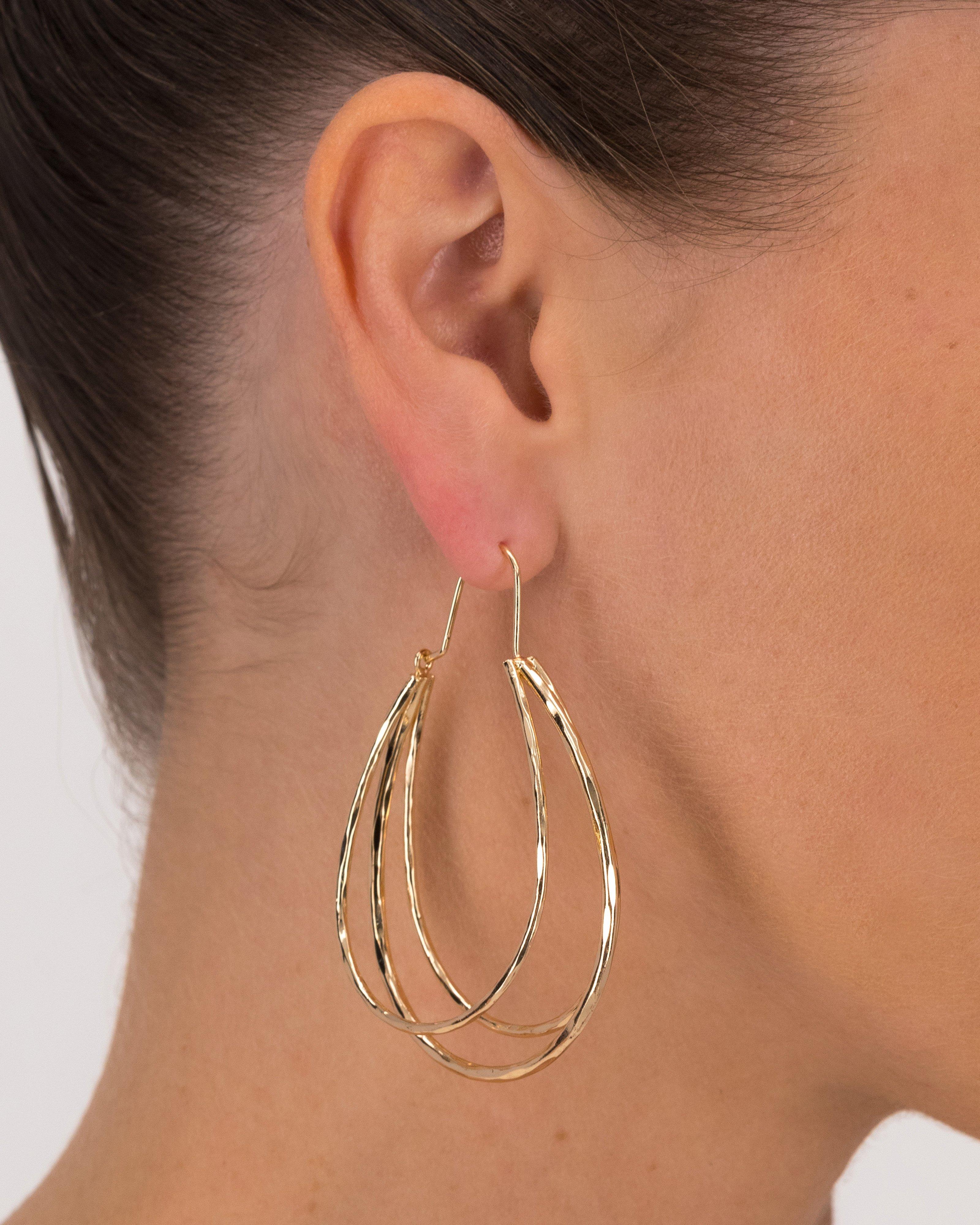 Three Strand Indented Statement Hoop Earrings -  Gold