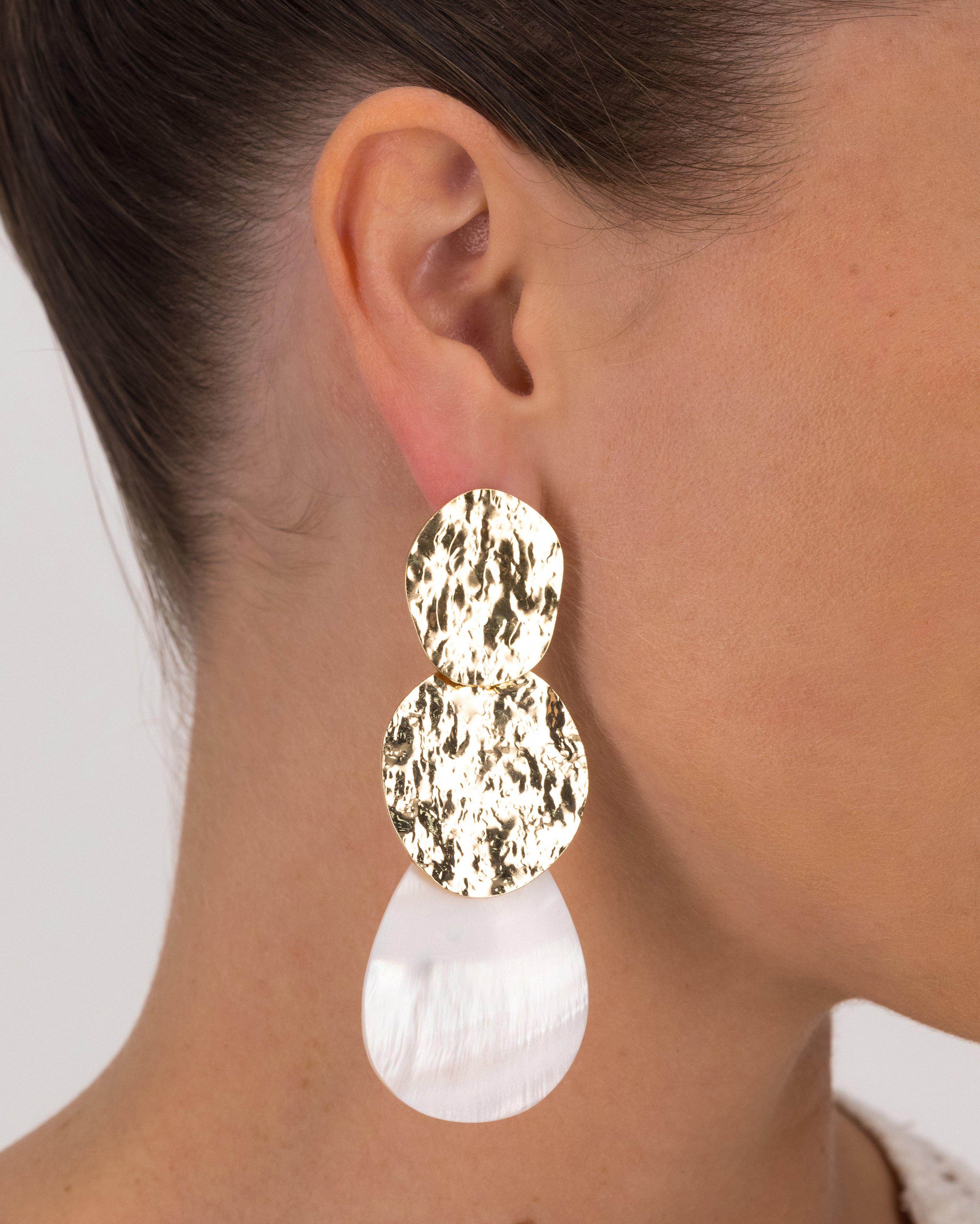Three Tier Circular Shell & Indented Statement Drop Earrings -  Milk