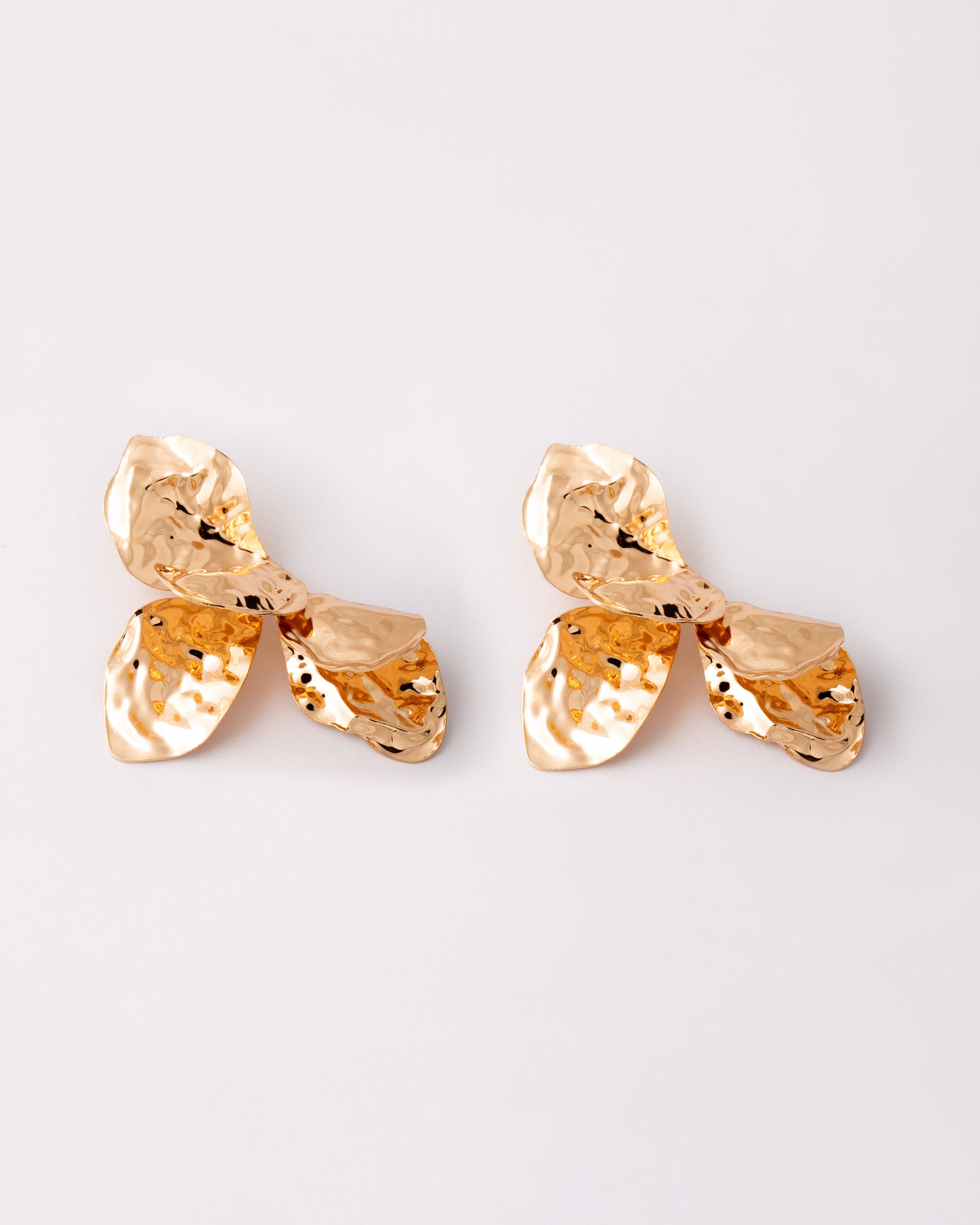 Vintage Textured Draped Petal Earrings -  Gold