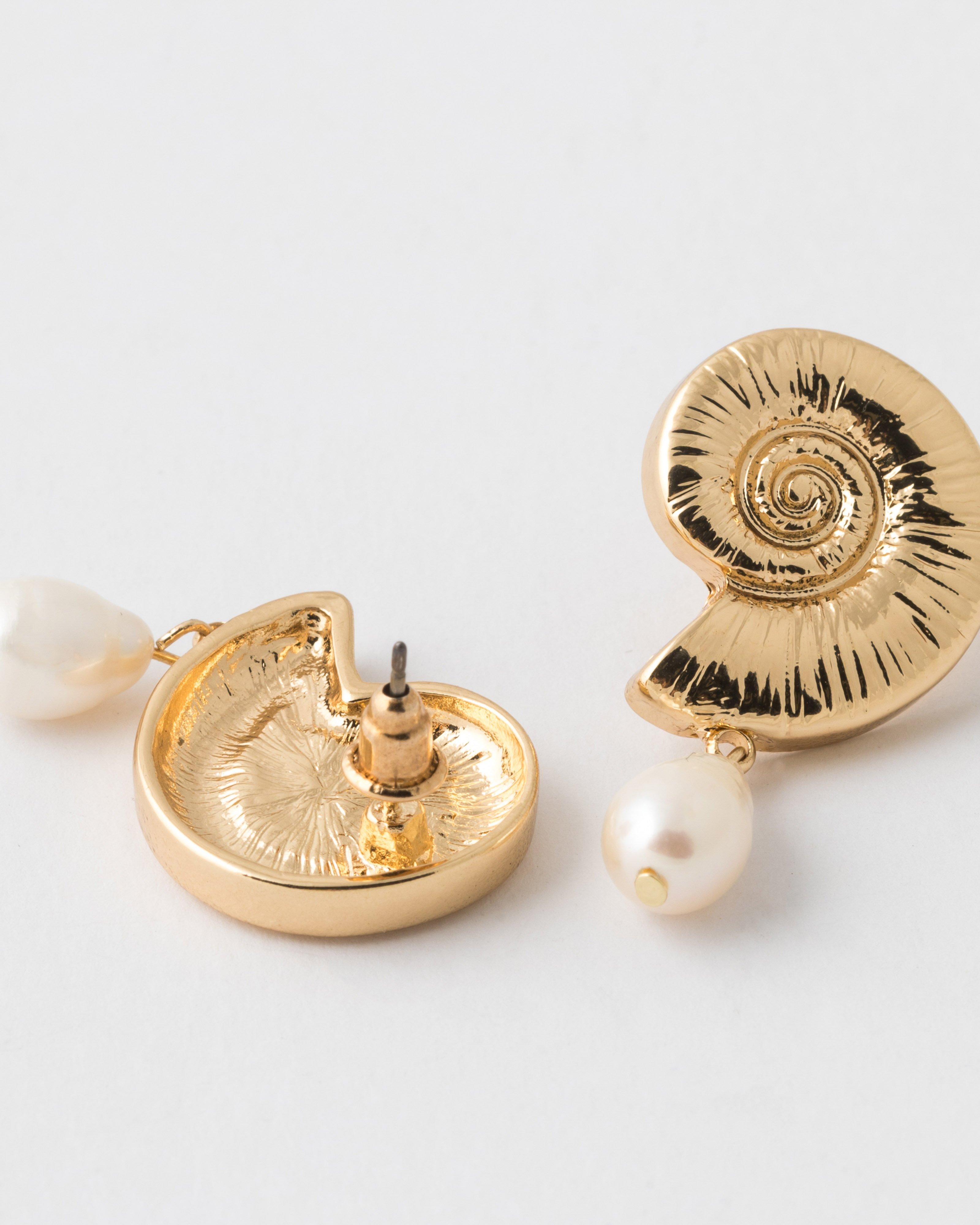 Shell Shape & Freshwater Pearl Drop Earrings -  Milk