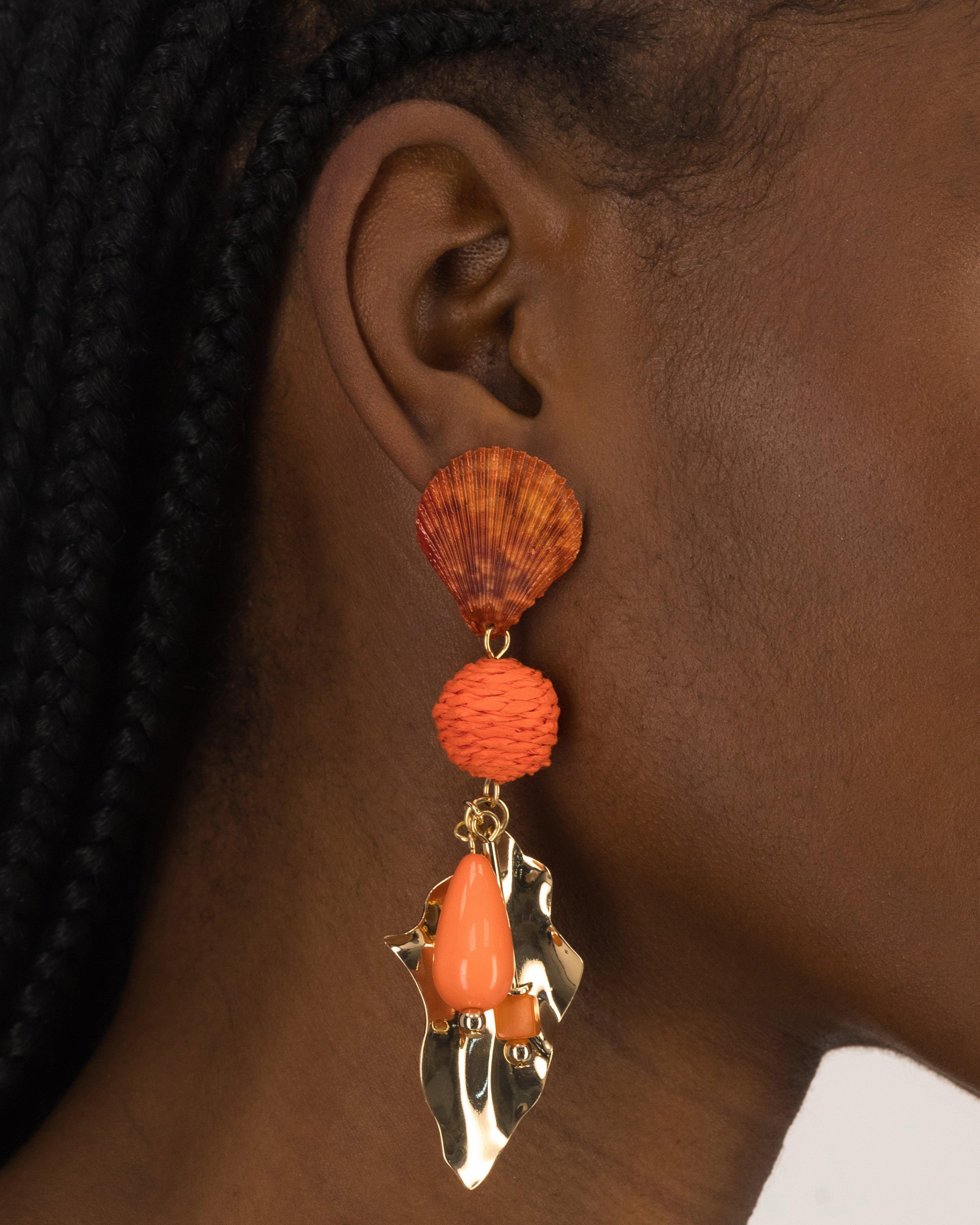 Shell & Teardrop Bean with Raffia Statement Ball Drop Earrings -  Orange