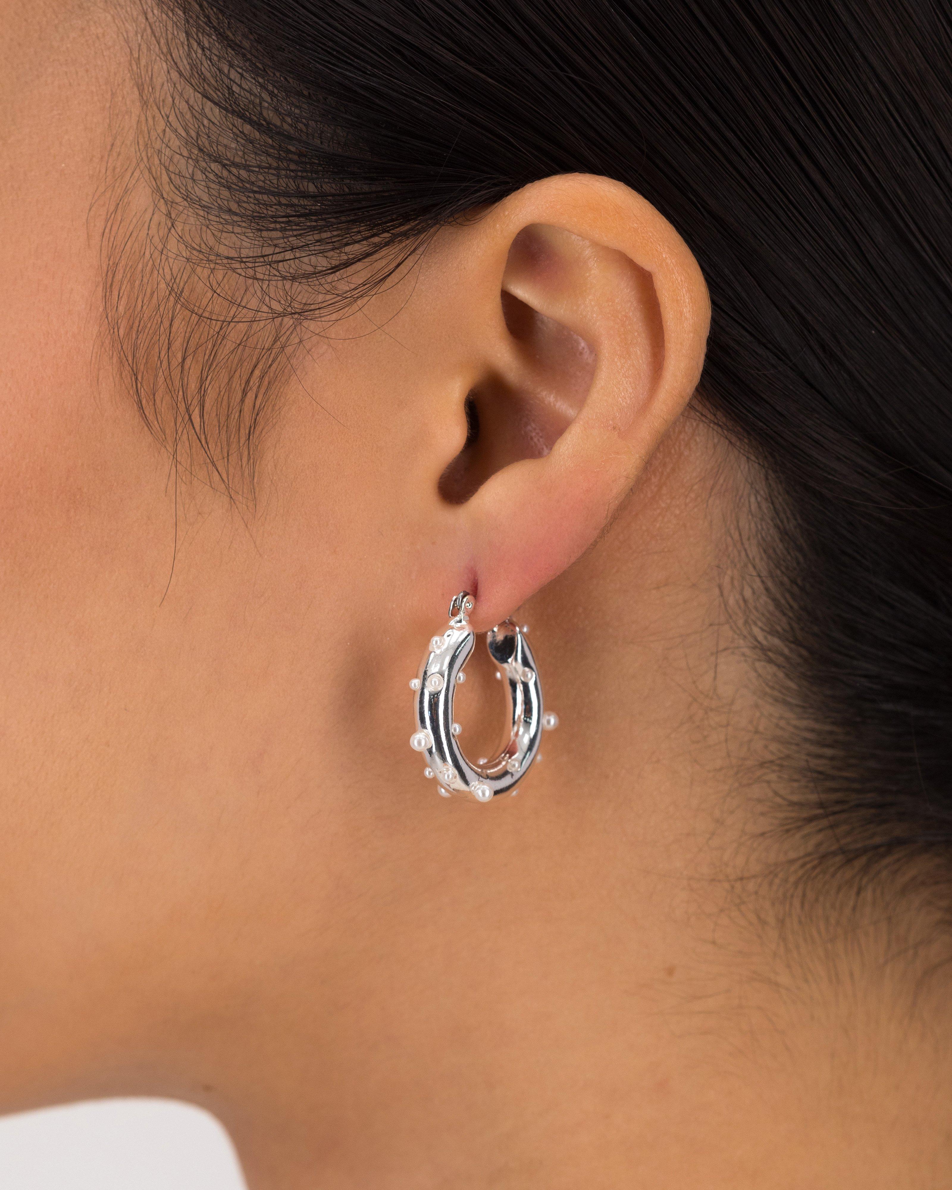 Freshwater Pearl Scattered Hoop Earrings -  Silver