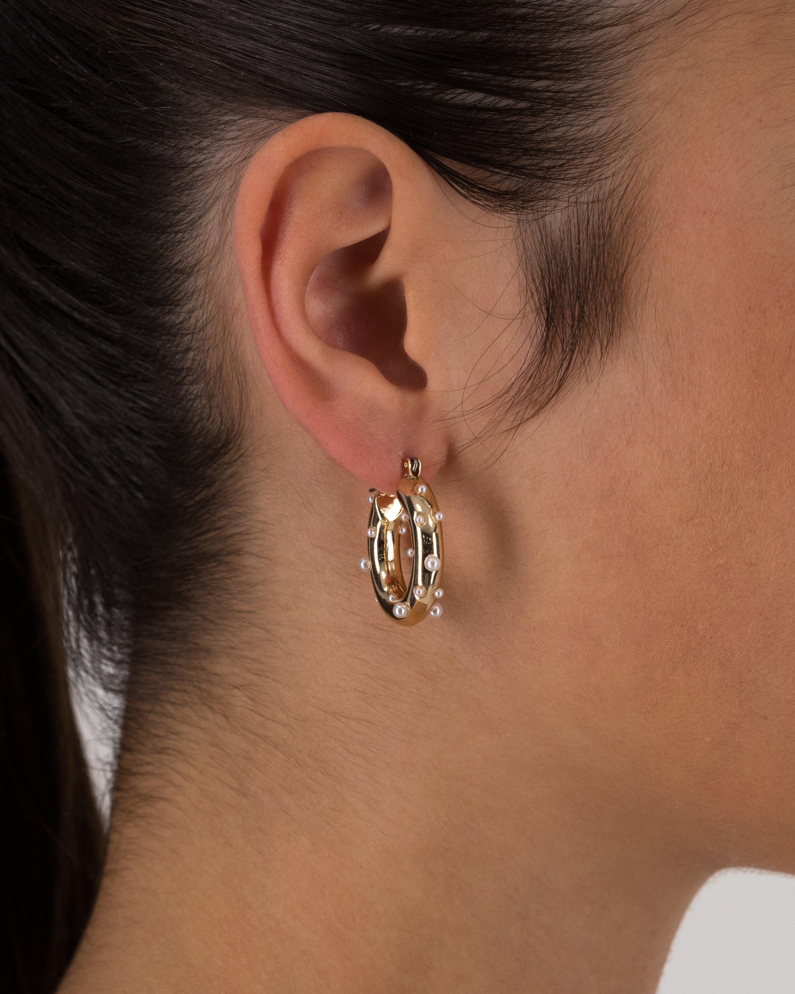 Freshwater Pearl Scattered Hoop Earrings -  Gold