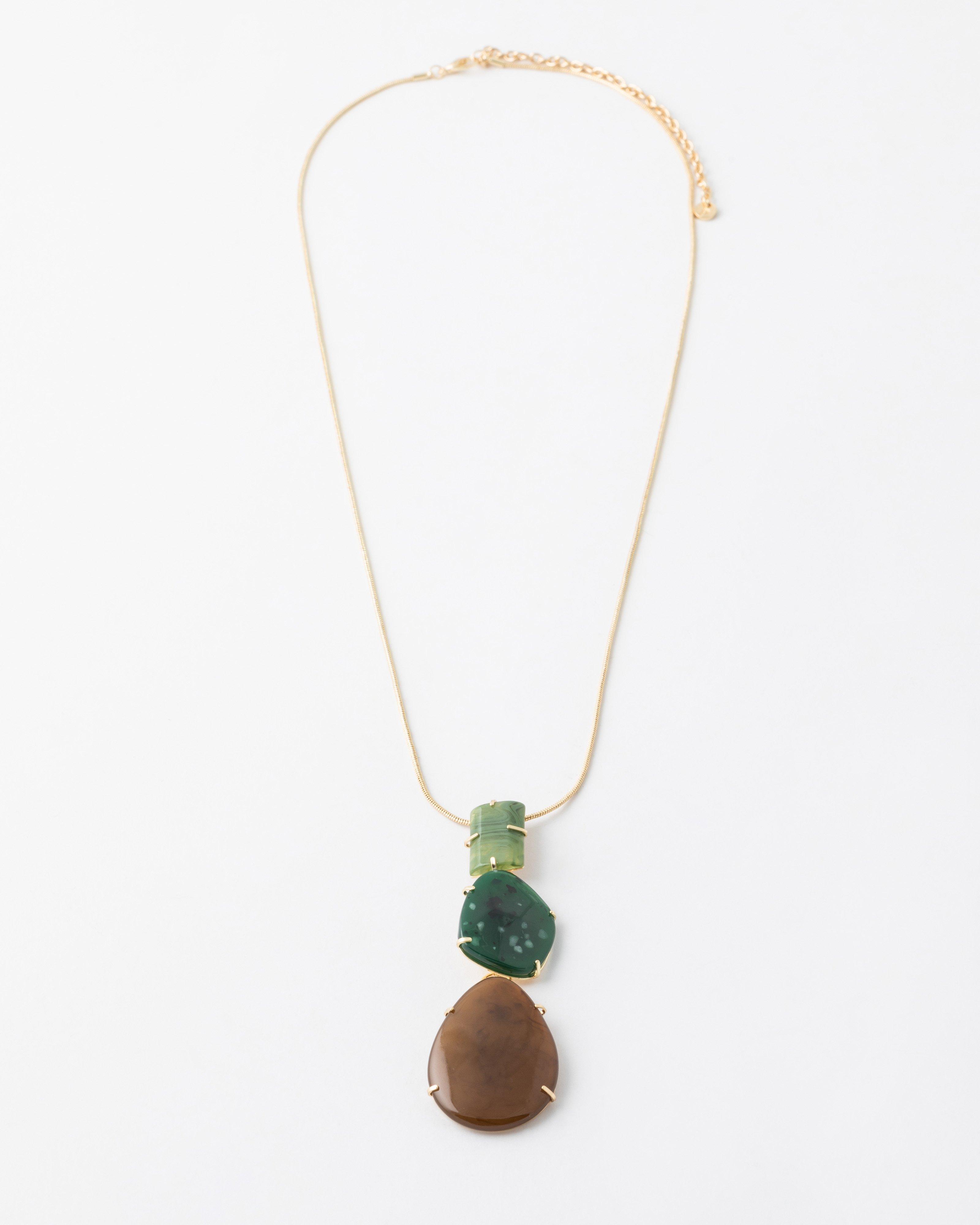 Three Tier Stone & Resin Pendant Long Necklace -  Brown