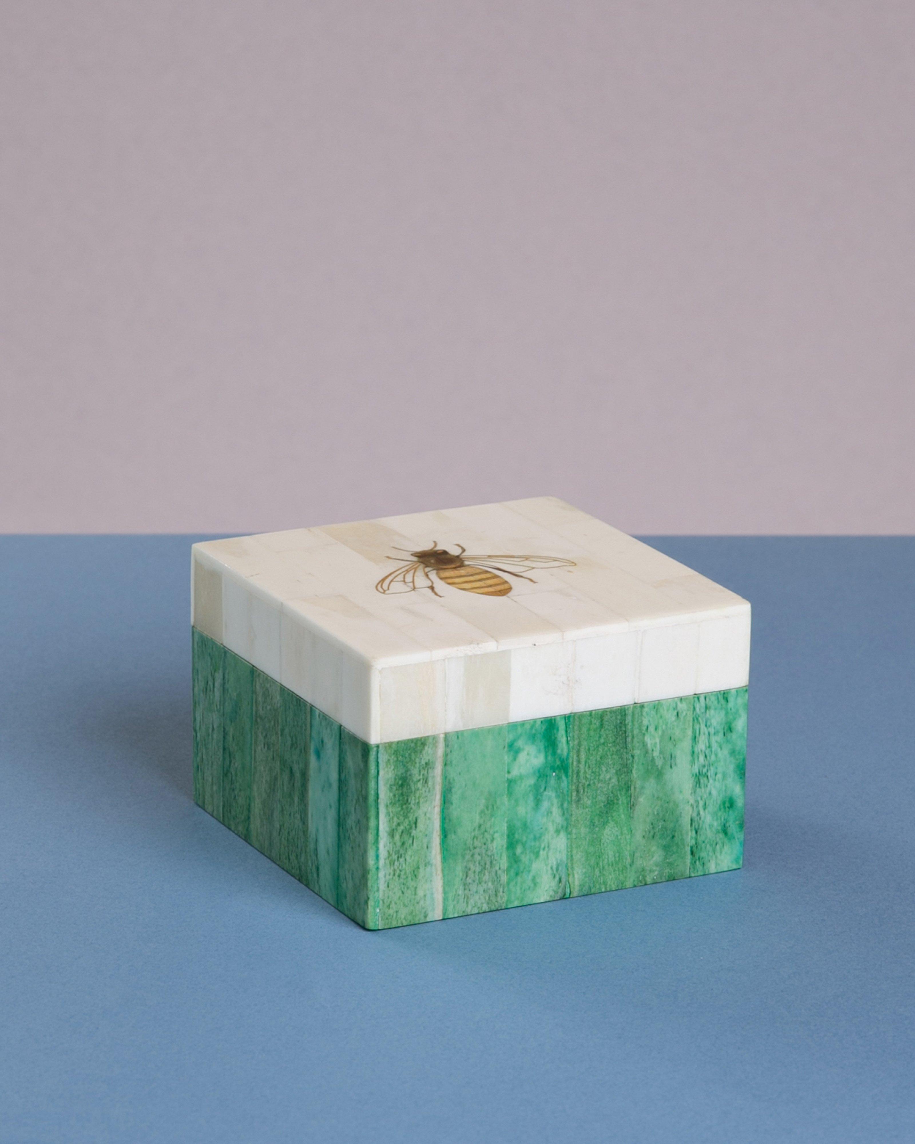 Hand-Painted Bone Bee Box -  Green