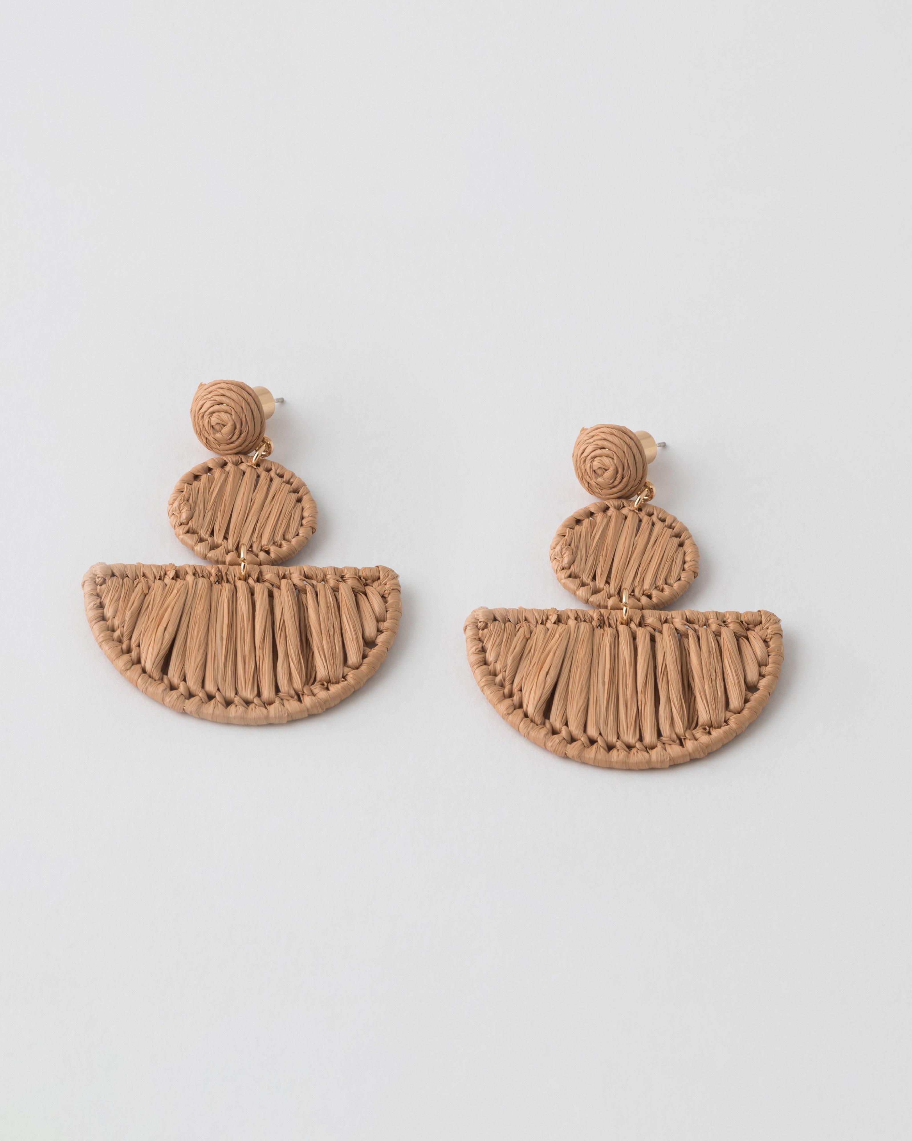 Raffia Halfmoon & Circular Drop Earrings -  Brown