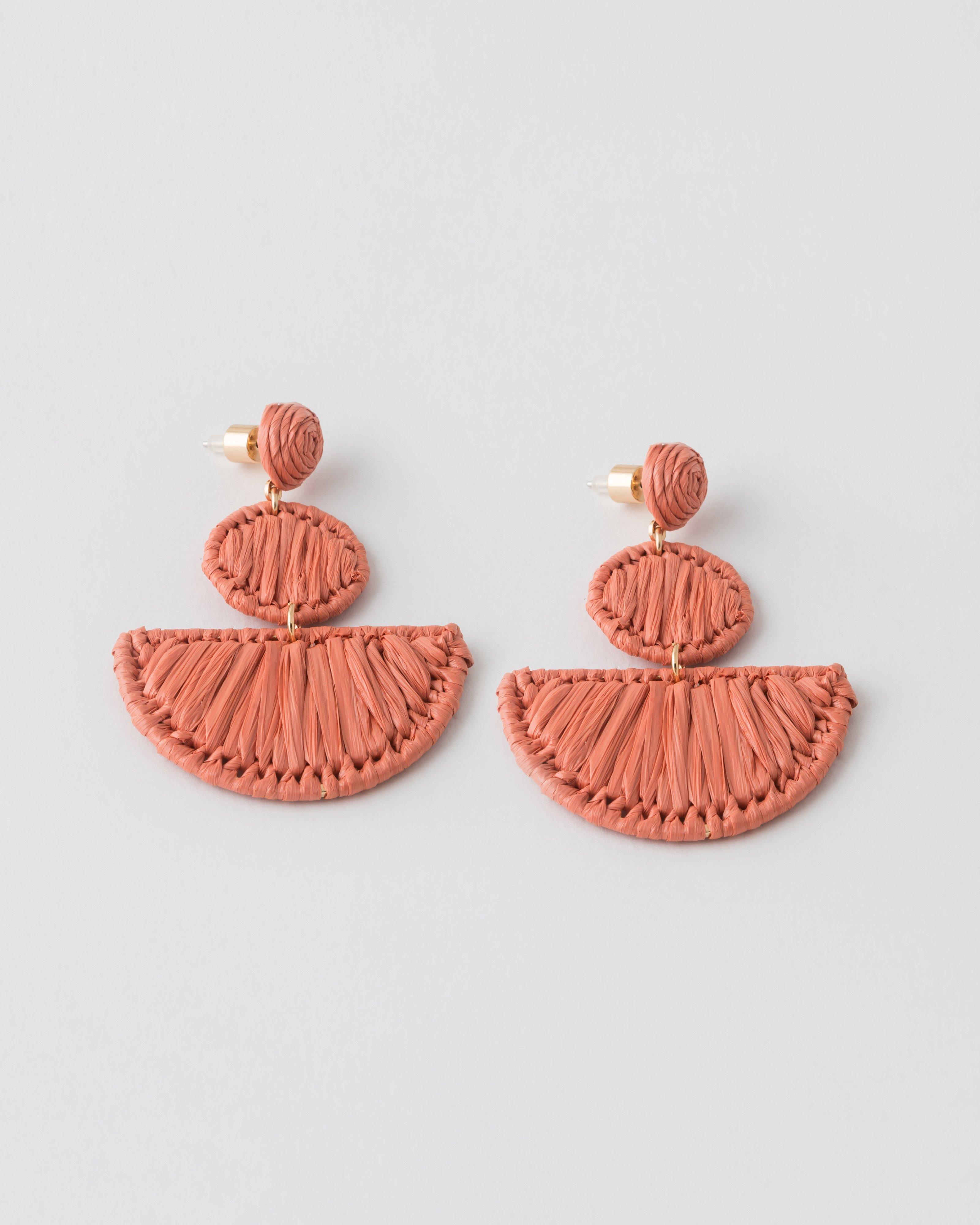 Raffia Halfmoon & Circular Drop Earrings -  Orange