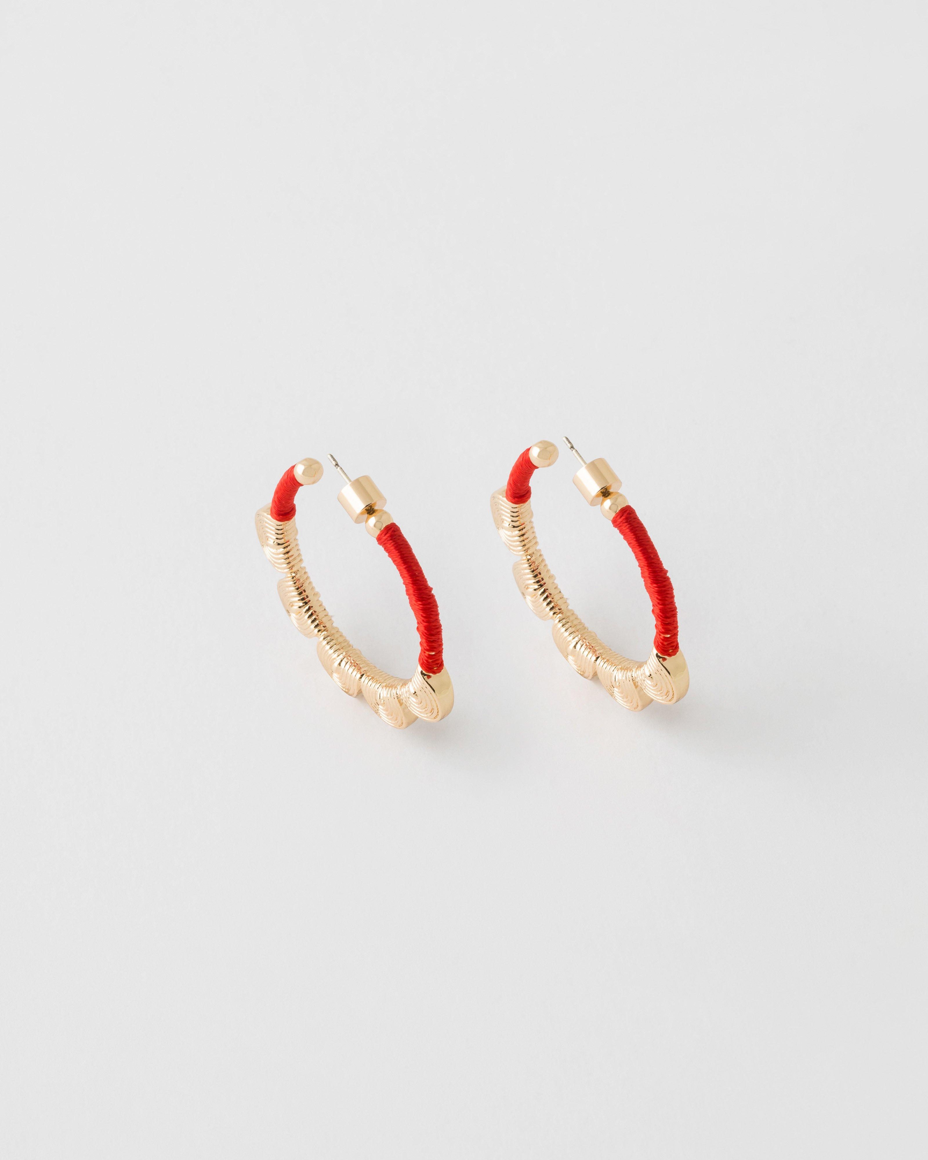 Textured Scalloped & Rope Hoop Earrings -  Red