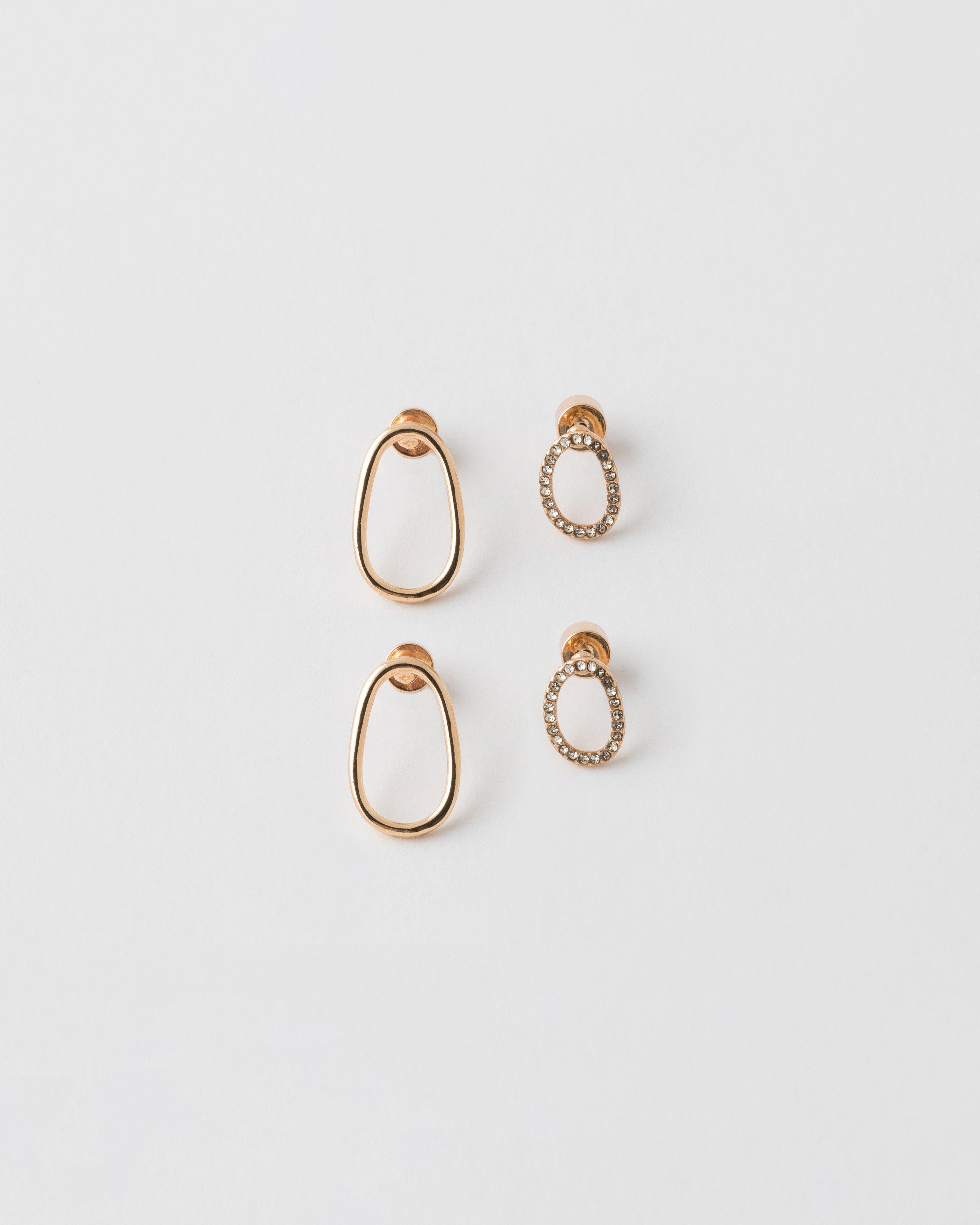 Oval Plain & Stone Stud Earring Pack -  Gold