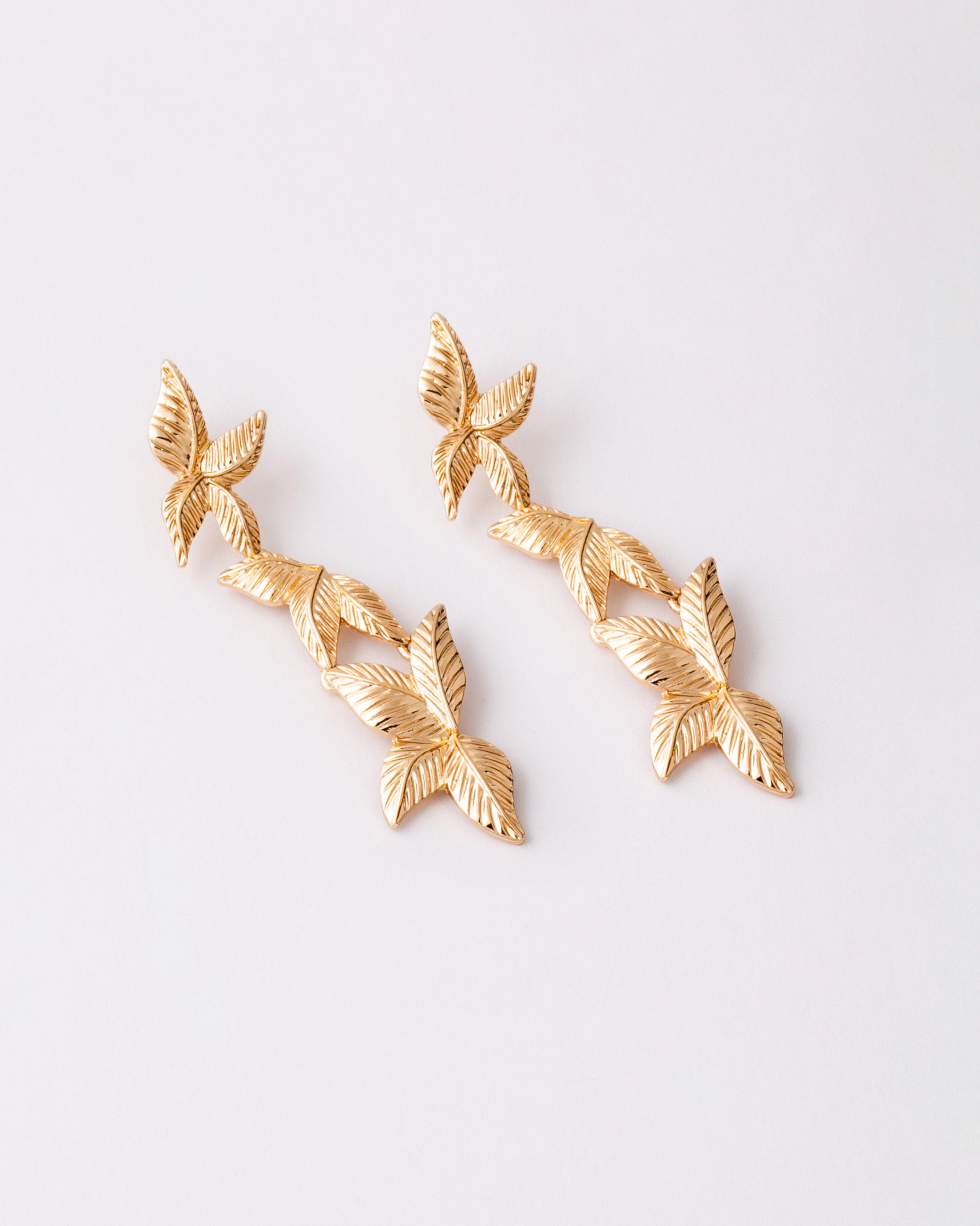 Three Tier Leaf Statement Drop Earrings -  Gold