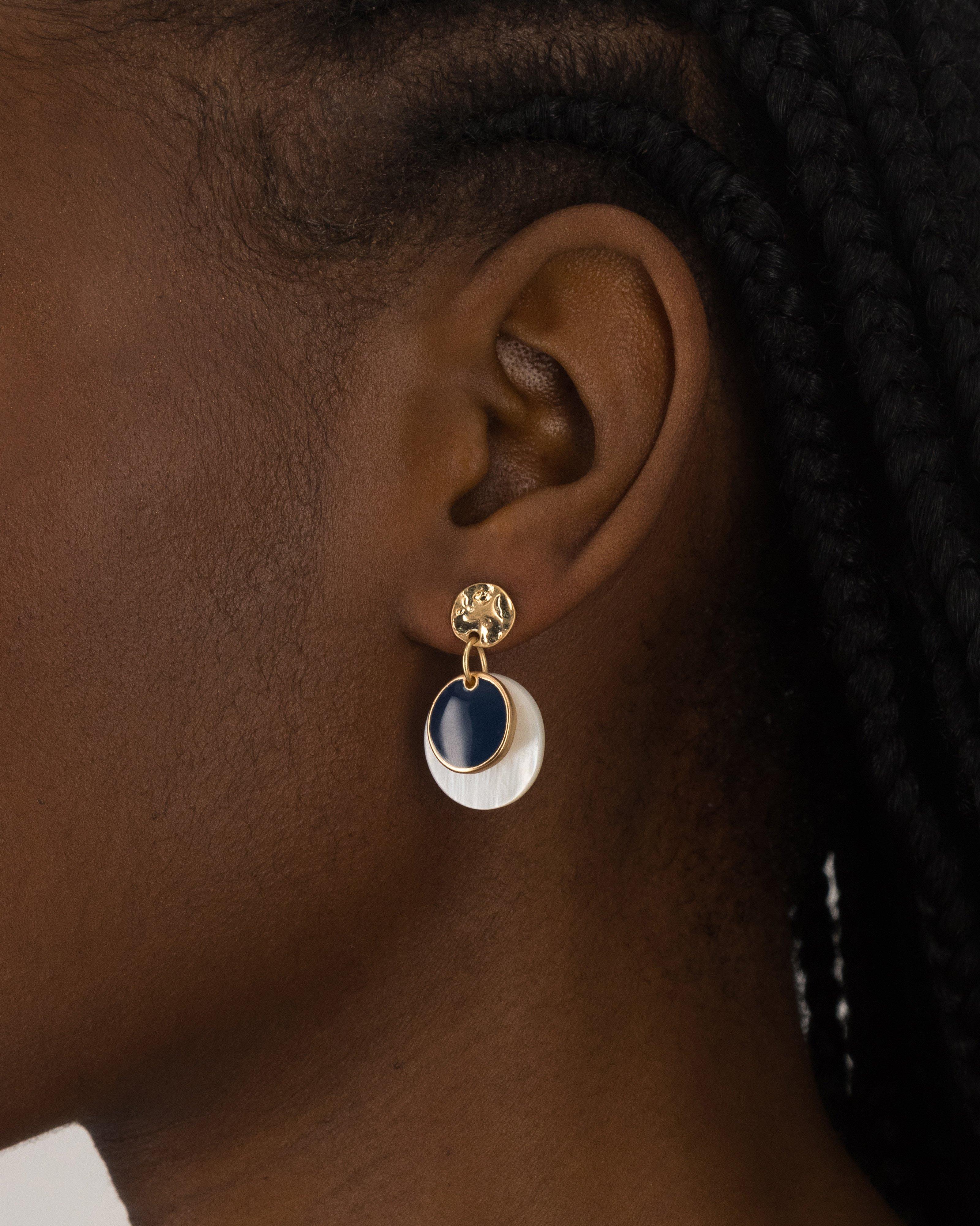 Resin Double Disk & Beaten Drop Earrings -  Navy