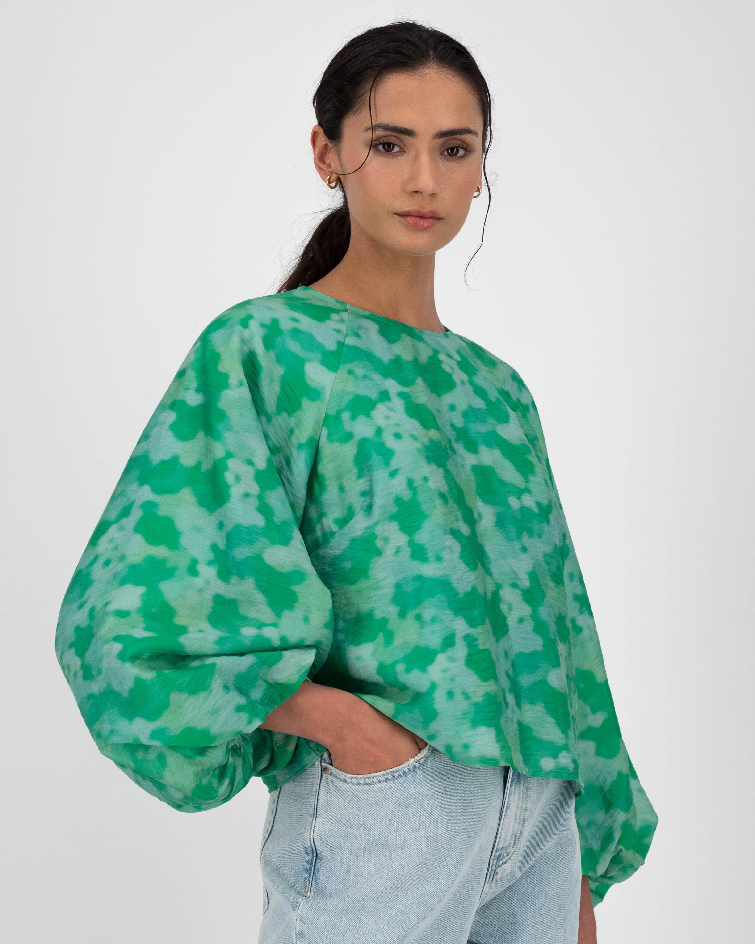 Stella Balloon Sleeve Printed Blouse -  Green