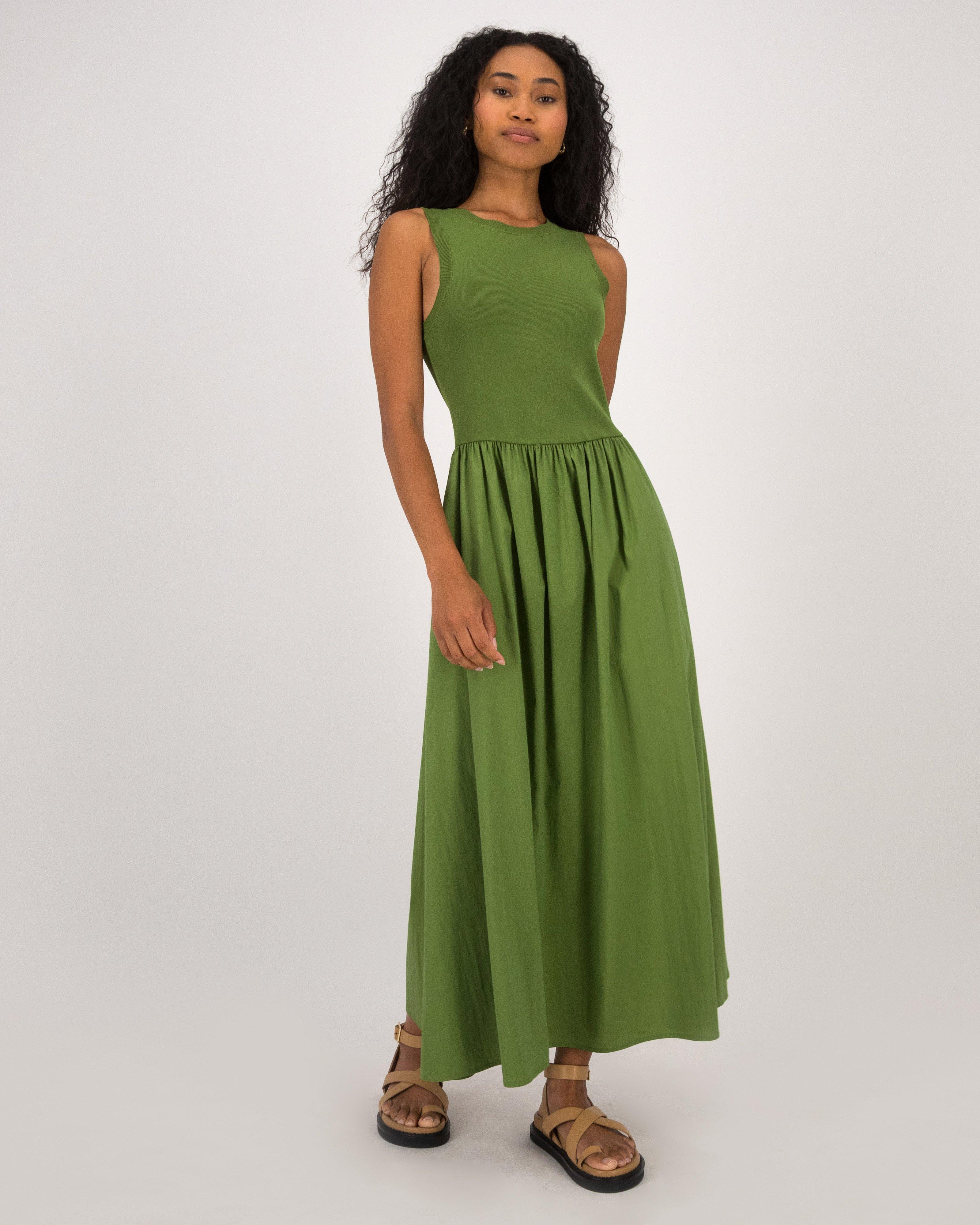 Lillie Mixed Media Midi Dress -  Green