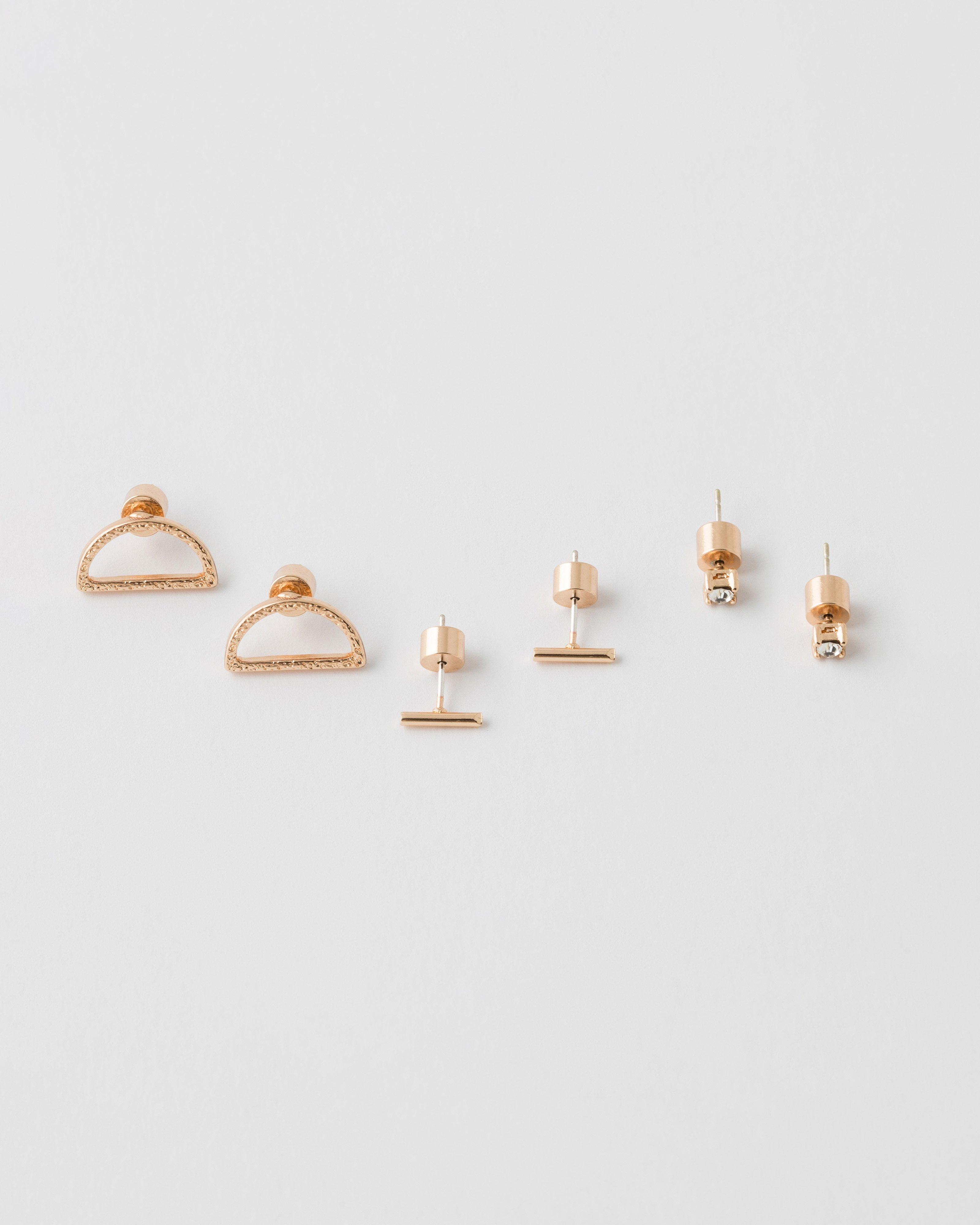 Halfmoon Stone & Bar Stud Earrings Pack -  Gold
