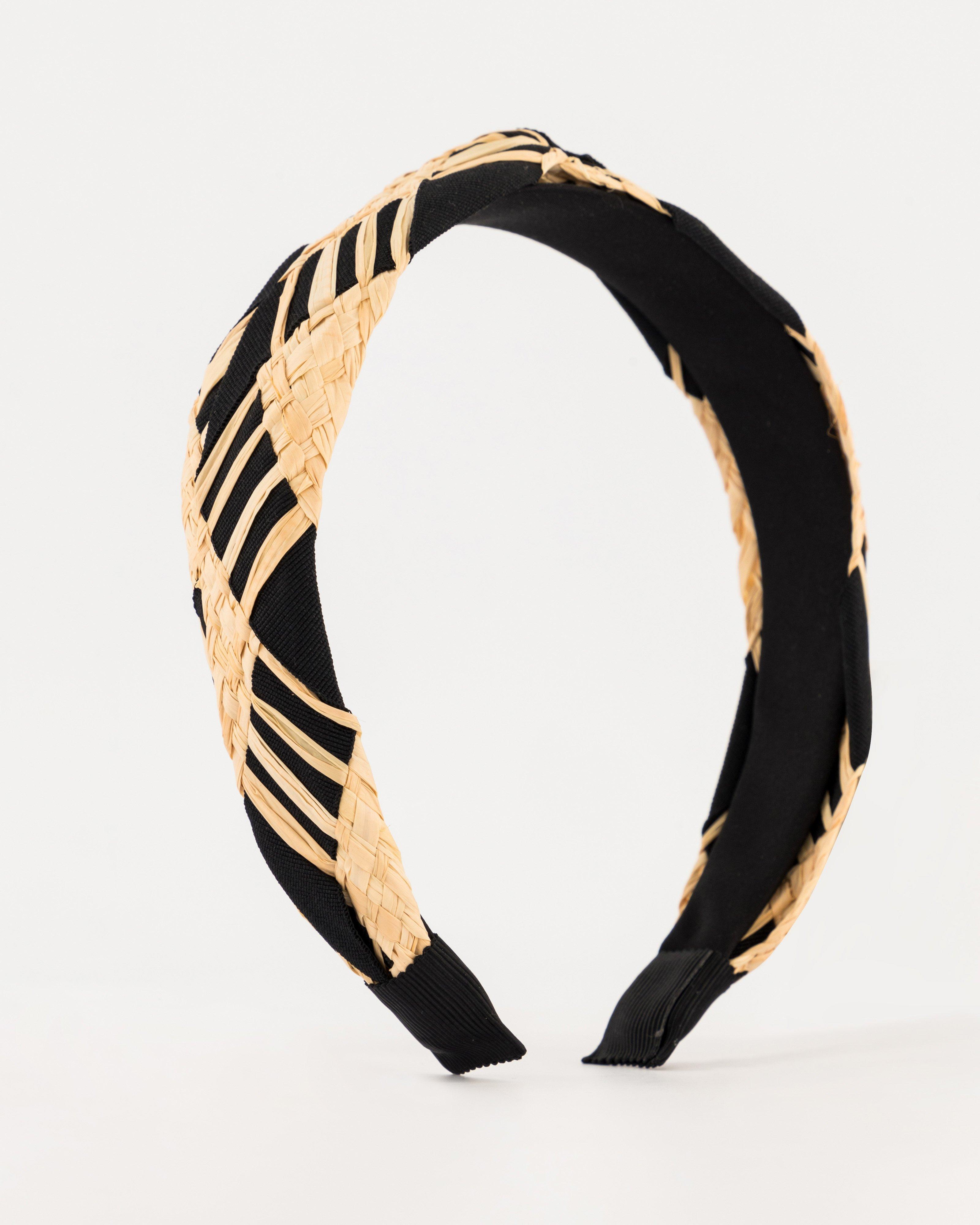 Adele Plaited Straw & Ribbon Knotted Aliceband -  Black