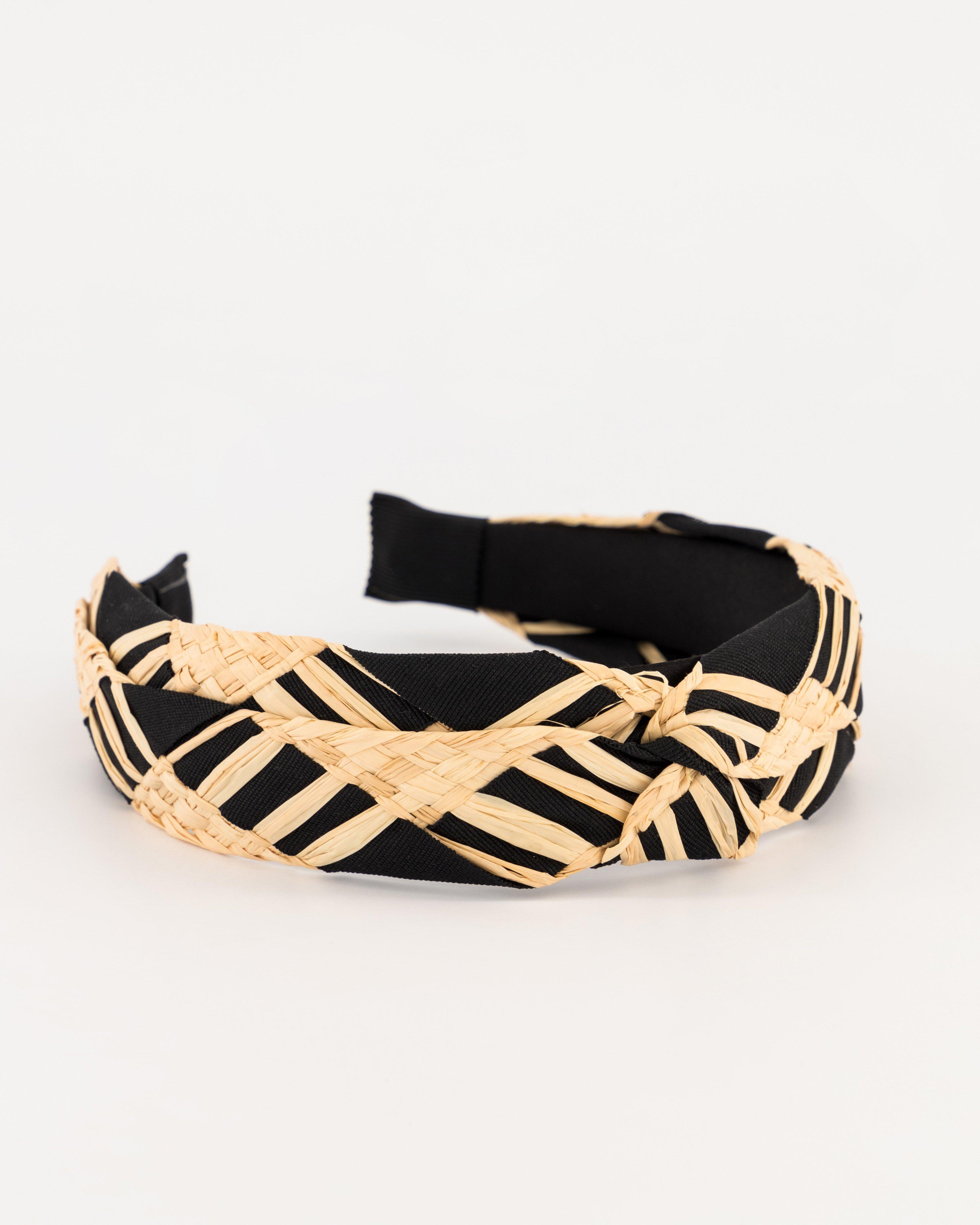 Adele Plaited Straw & Ribbon Knotted Aliceband -  Black