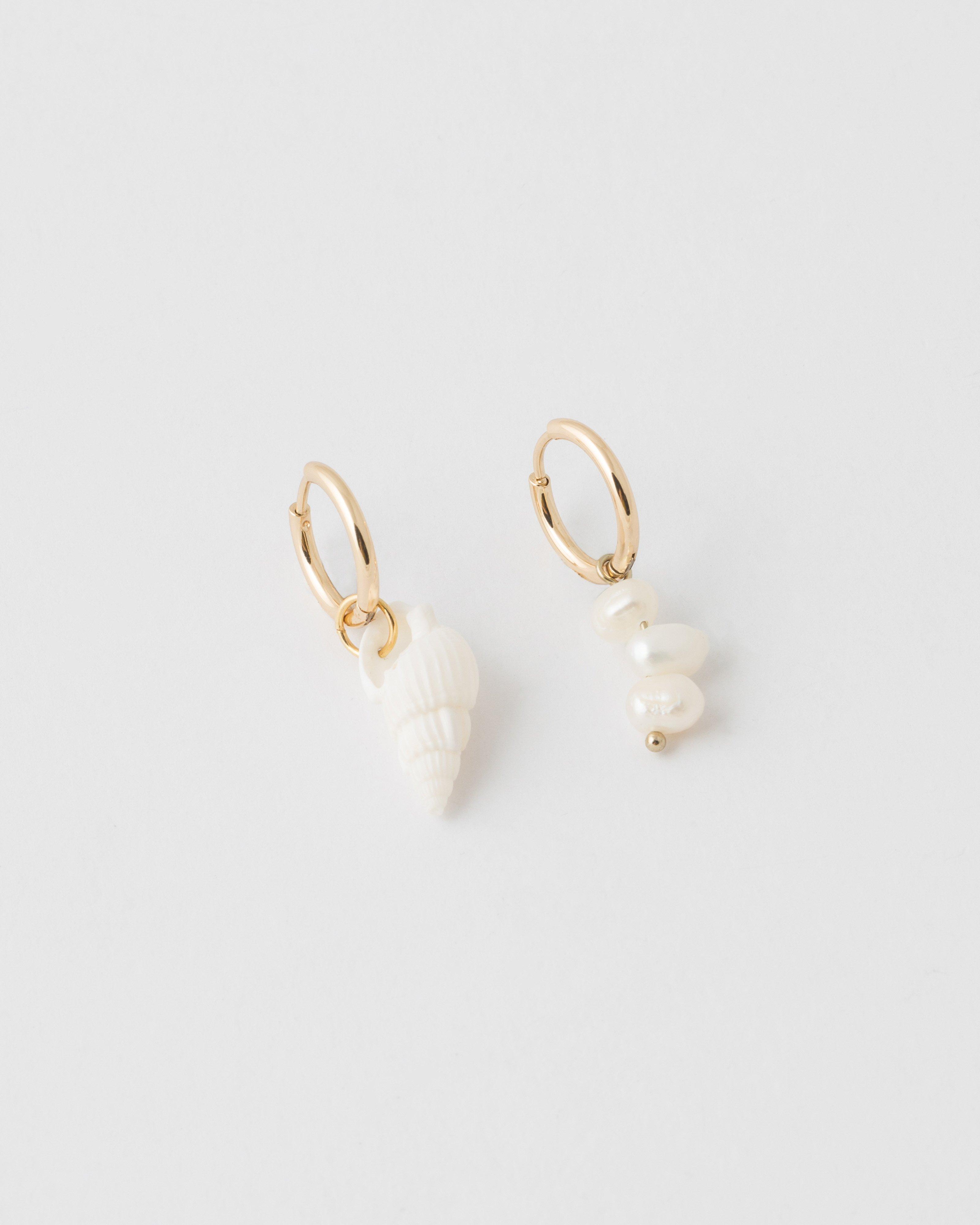 Mismatch Shell & Freshwater Pearl Huggie Earrings -  Milk