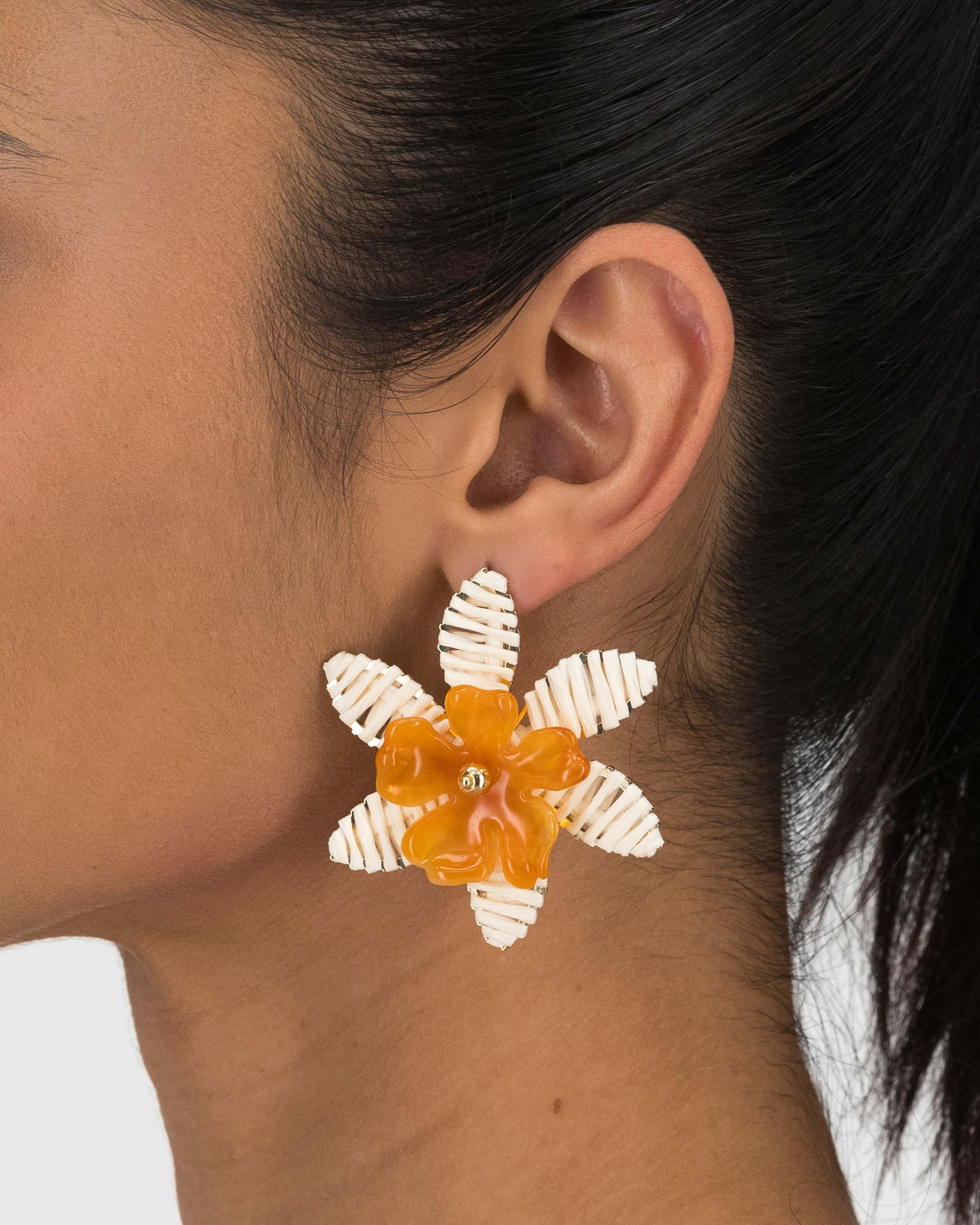 Raffia & Resin Statement Flower Stud Earrings -  Orange