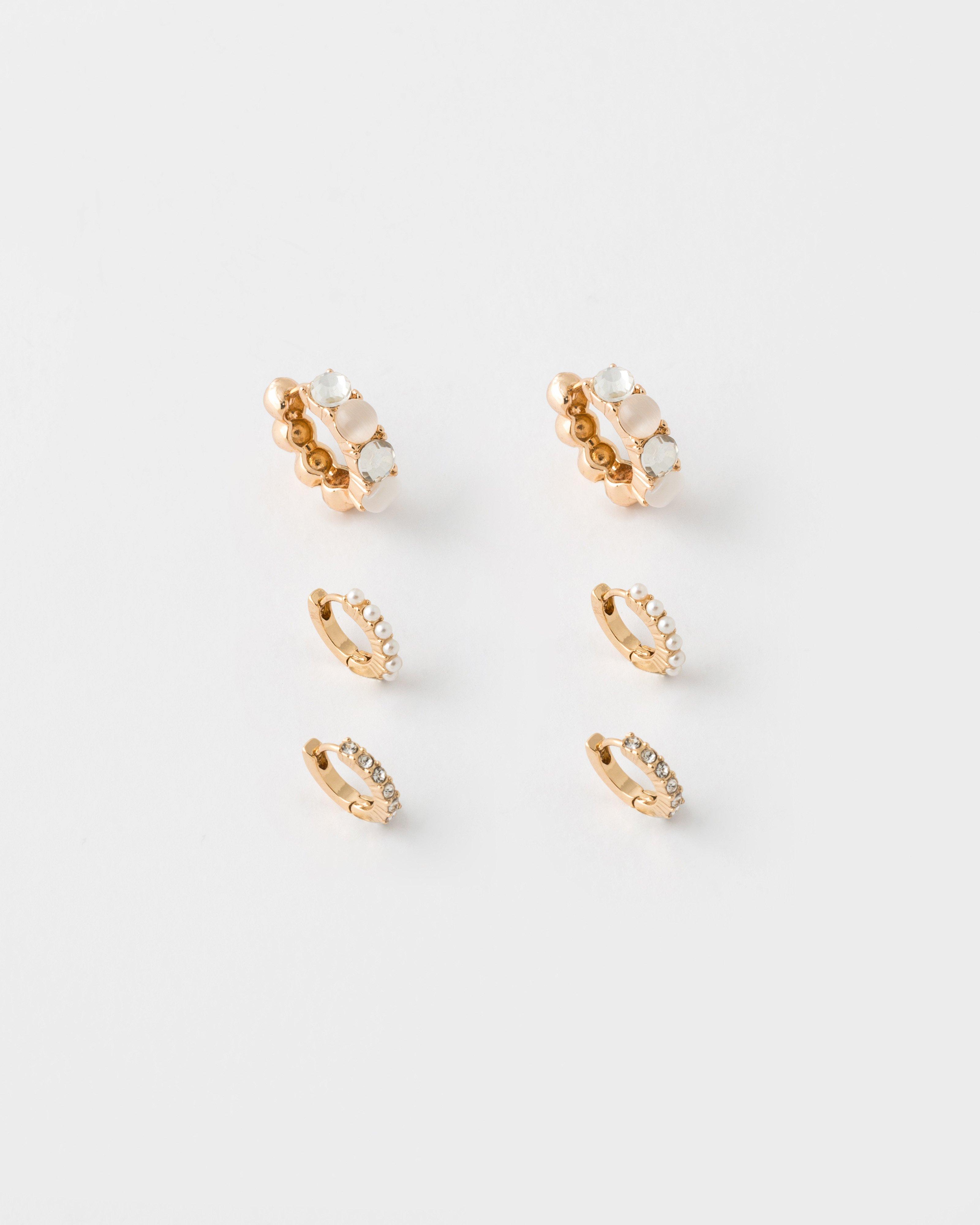  Stone & Pearl Huggie Earring Pack -  Gold