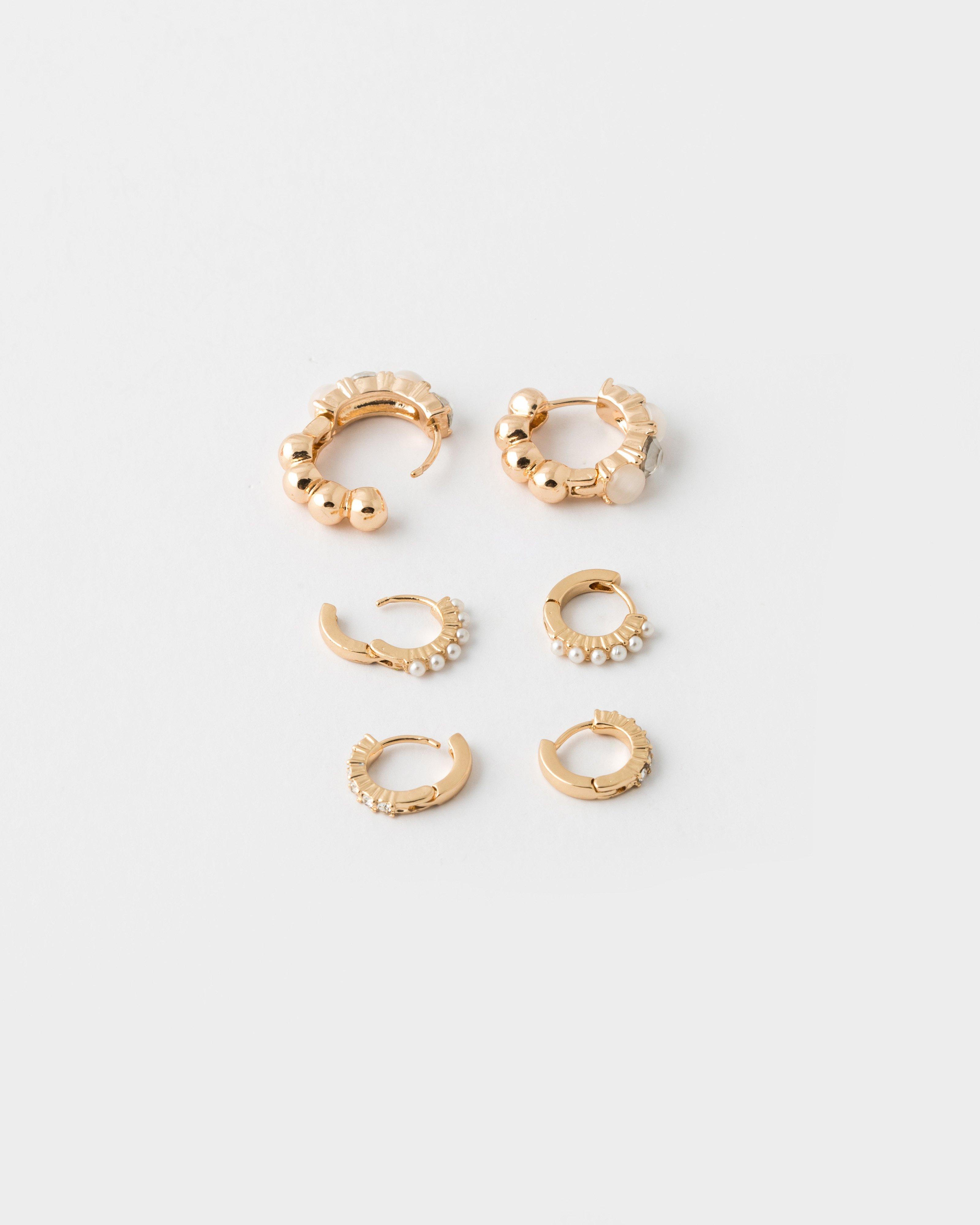  Stone & Pearl Huggie Earring Pack -  Gold